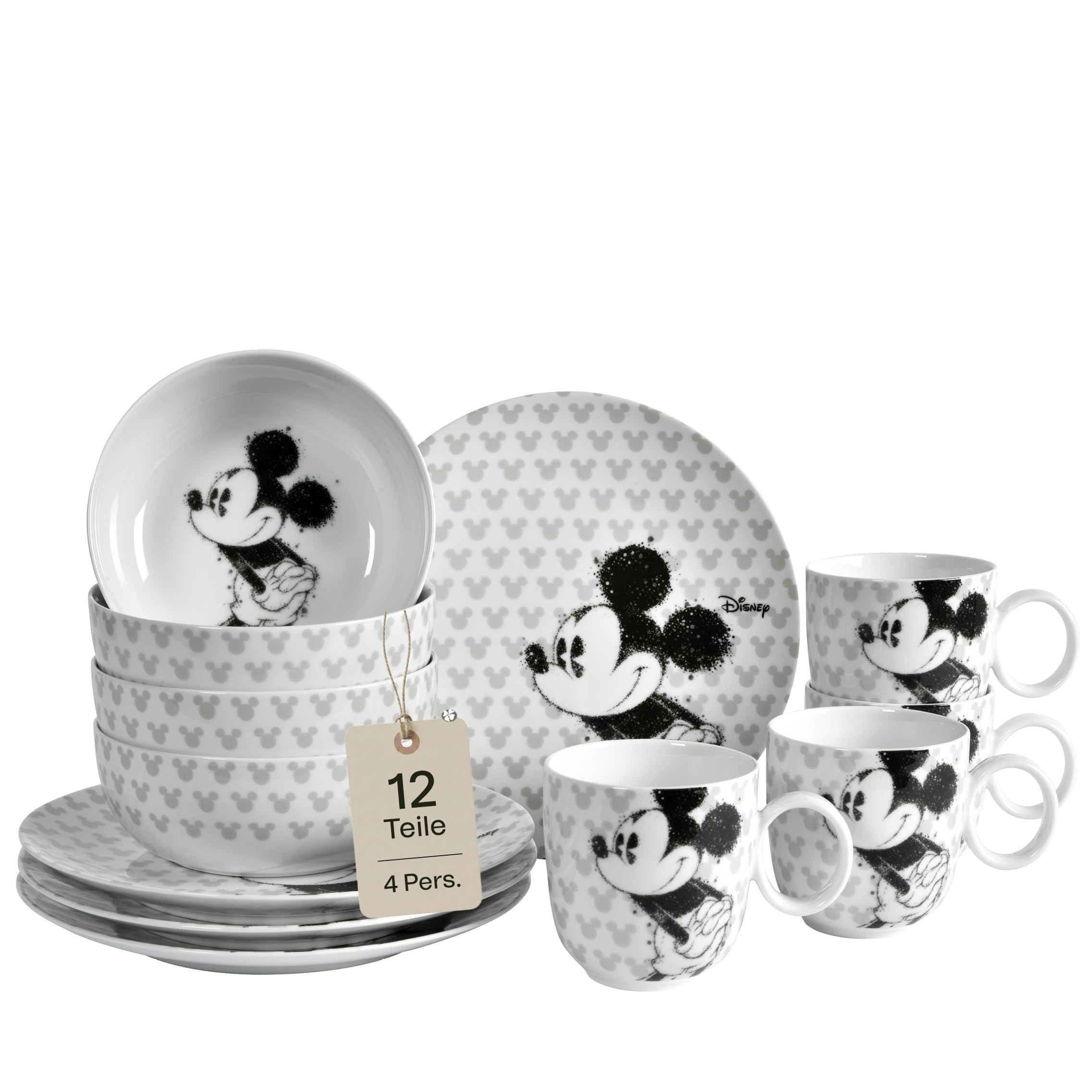 Disney Mickey Mouse Geschirr-Set 12-teilig – Modernes Porzellan Kombiservice mit Micky Maus Silhouetten – Tassen mit Ohren, Schalen & Teller