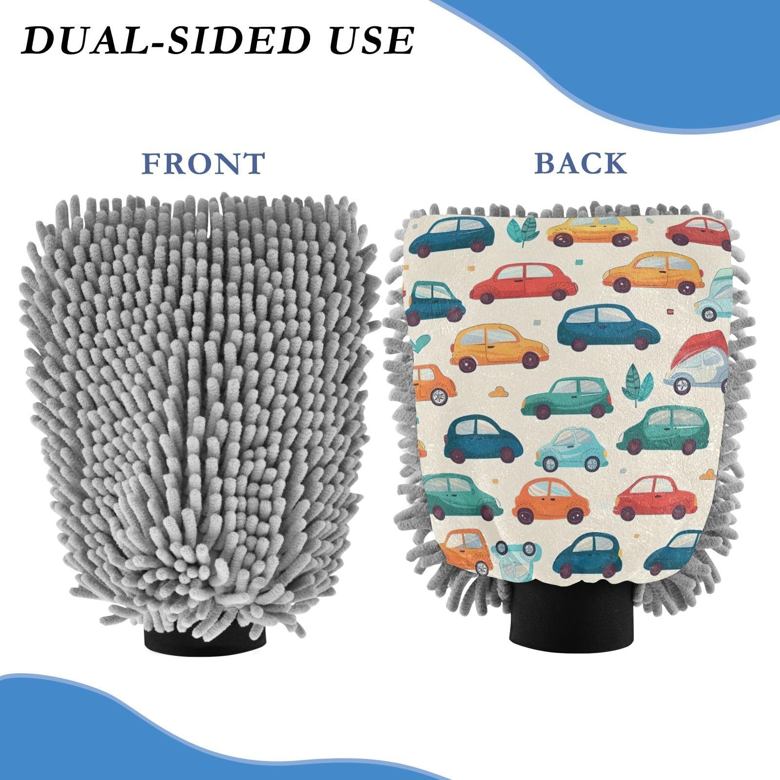 IOACIY Absorbent Microfiber Car Wash Drying Mitts, 2 Pack, Scratch-Free & Lint-Free, Rich Foam, Highly Absorbent, Double Sided, Wash Mitt Perfect for Car Washing, M, Cartoon Car Pattern (8)
