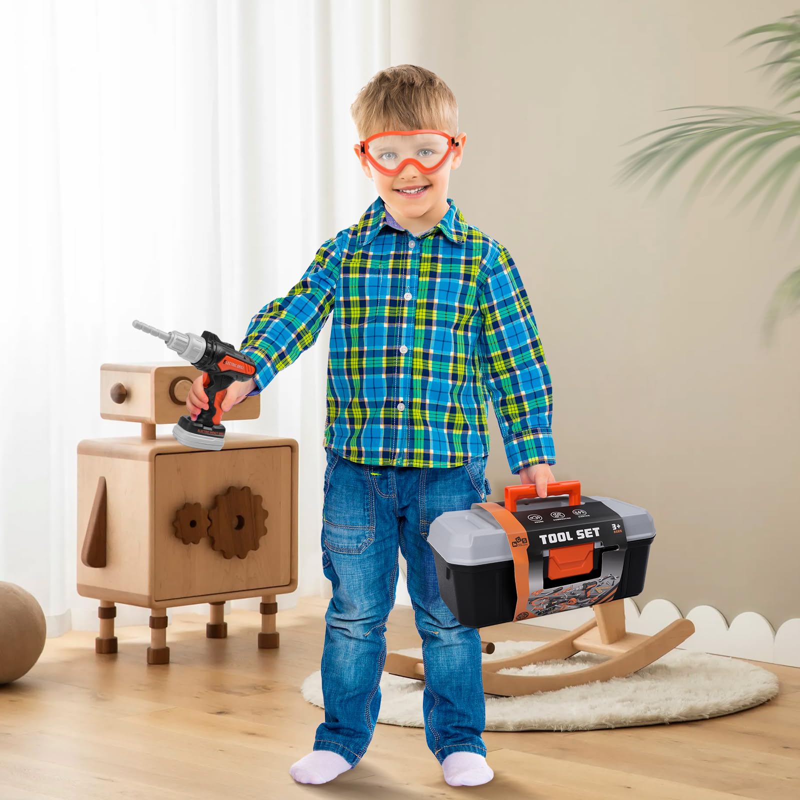 Juego de herramientas para niños y niños con taladro eléctrico, 43 piezas STEM educativo para edades de 3 a 8 años, herramientas realistas y caja de herramientas portátil, regalo de 4
