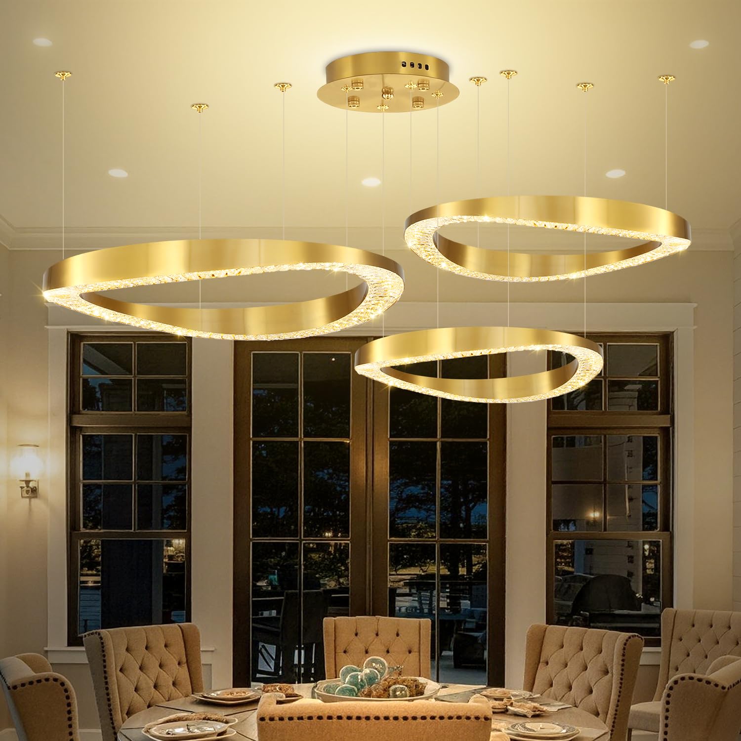 Photo 1 of Flashing God Modern Gold Ring Chandelier Lighting Contemporary LED Dimmable Ceiling Light Adjustable 3 Rings Chandeliers D16''+D24''+D32''