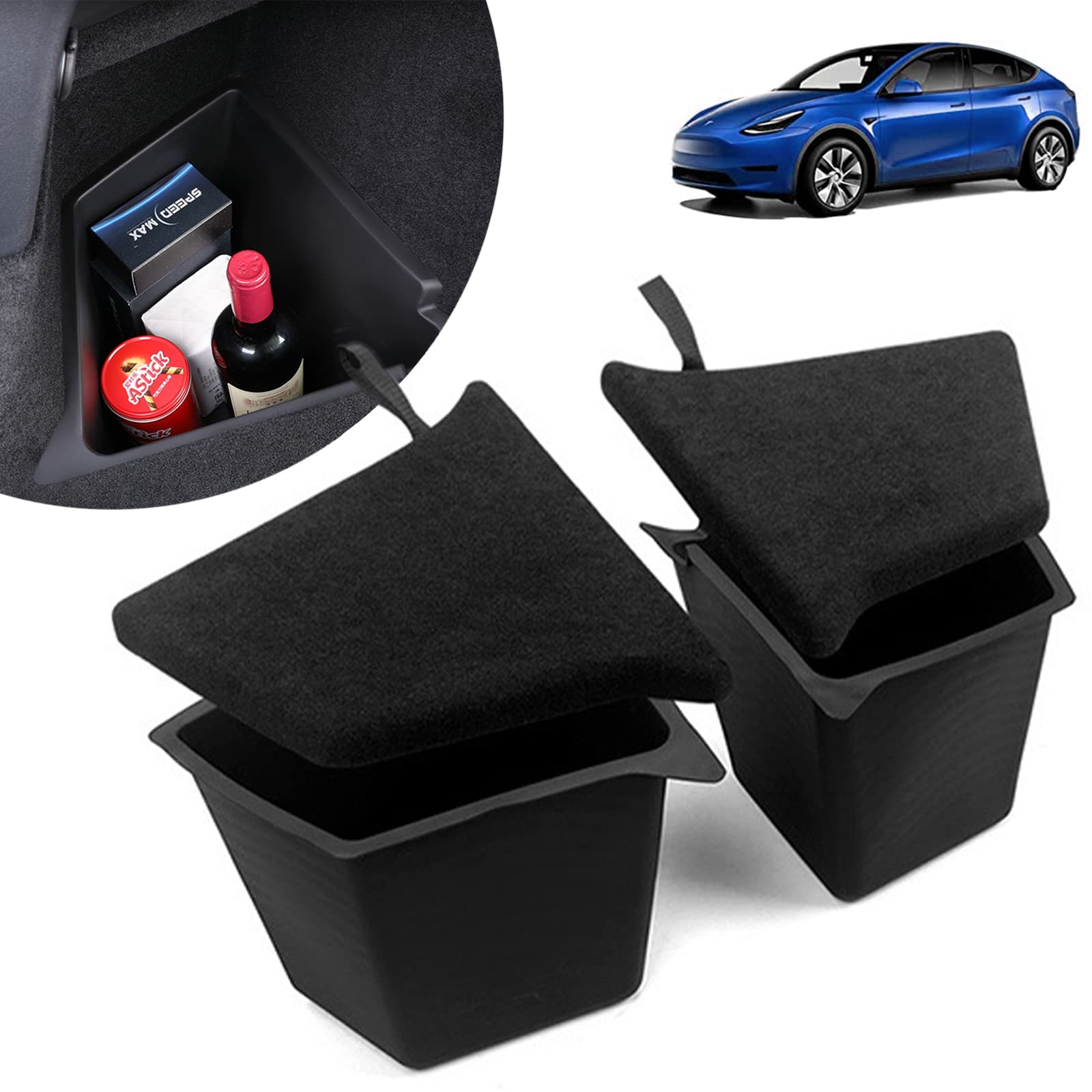 Photo 1 of Rear Trunk Storage Bins for Tesla Model Y(2020-2022), Waterproof Trunk Organizer Side Box Packets Tray with Carpeted Lip, Tesla Model Y Interior Accessories (5-Seater, Not Fit Austin)