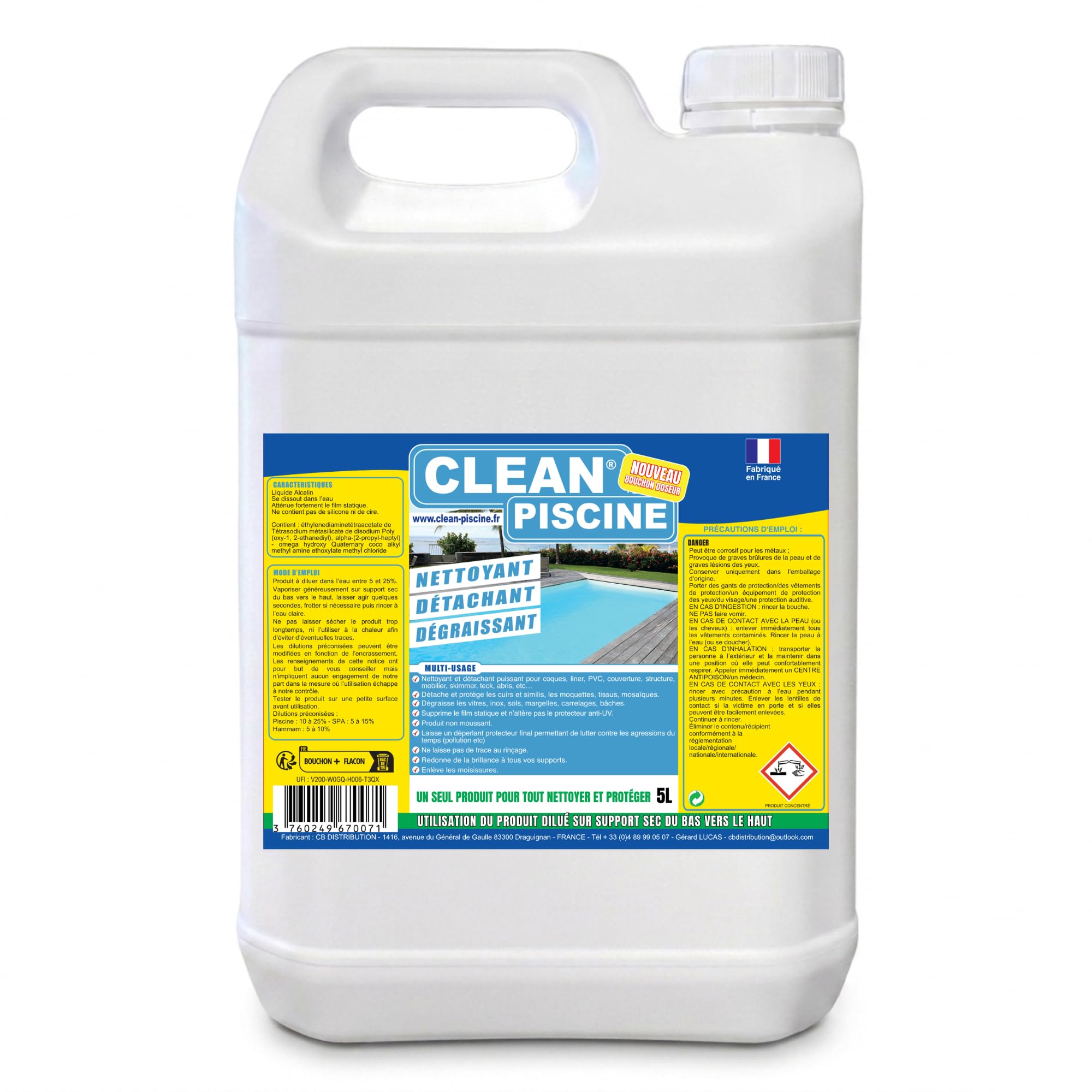 Multiuso 5L : Detergente per linea di galleggiamento, piscine, spa, terrazze, mobili da giardino, tende da sole | Pulisce, smalta le macchie, sgrassa | Biodegradabile al 98%