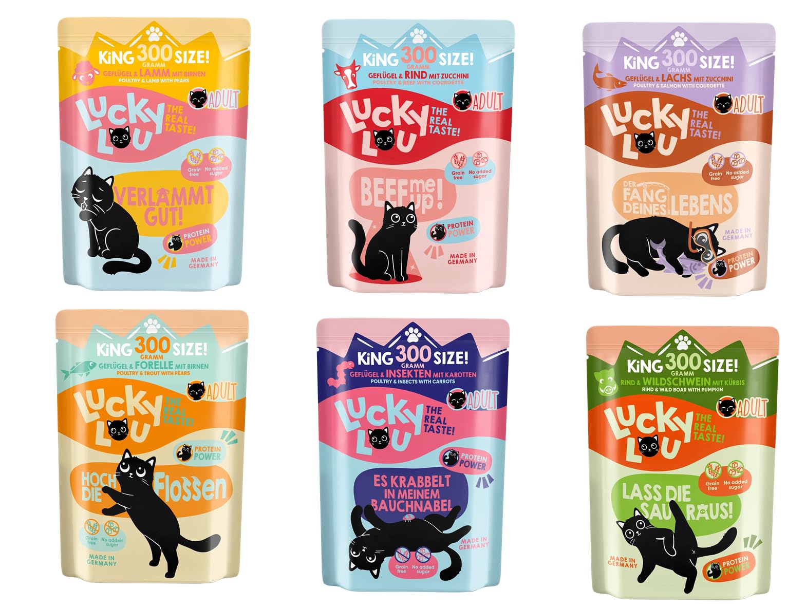 Lucky Lou Adult Mix Paket II Katzenfutter nass 36 x 300 g Pouchbeutel 6 Sorten