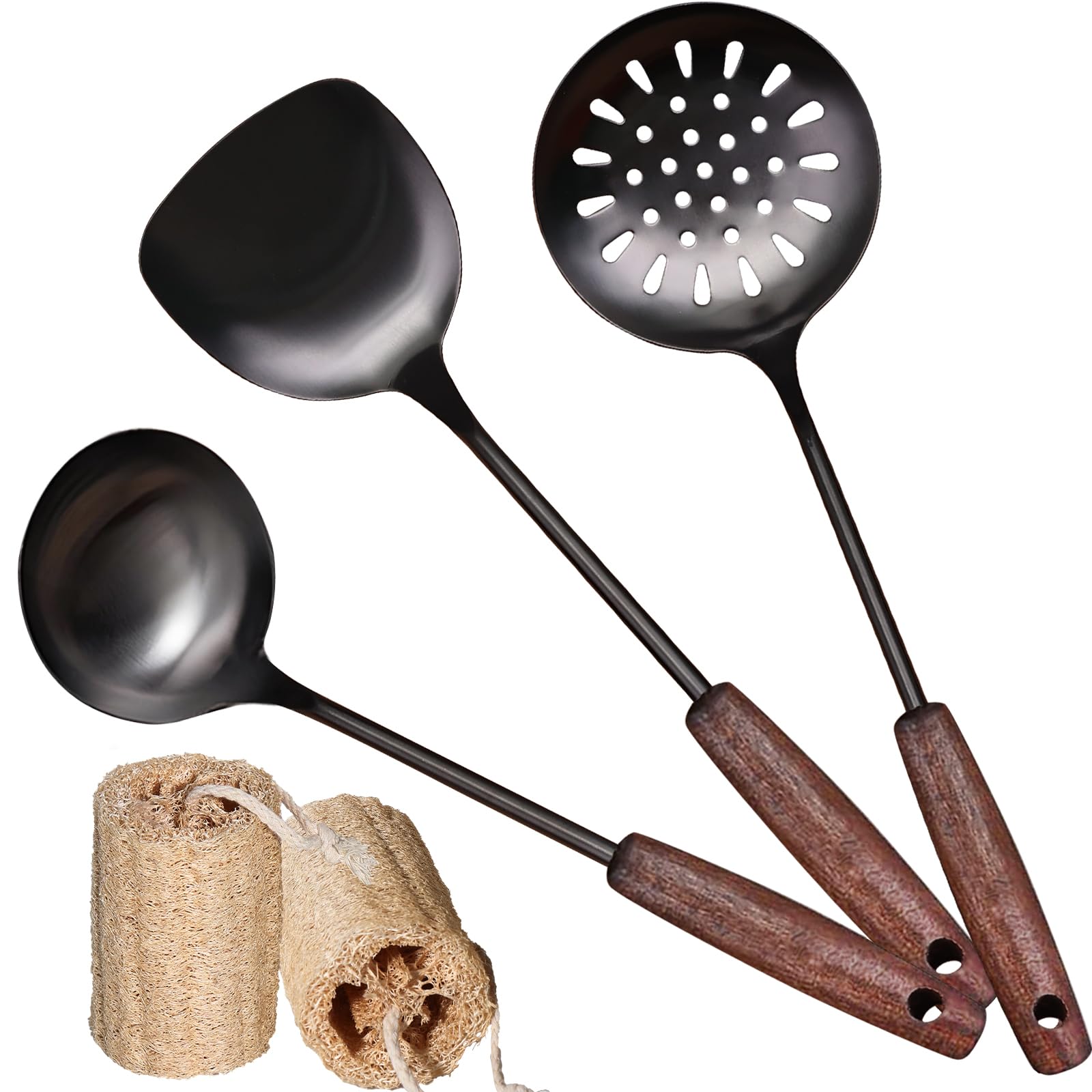 Wok Spatula and Ladle,Skimmer Ladle Tool Set,15 Inches 18/10 Stainless Steel Vintage Wok Utensils,Wok Spatula and Ladle Set with Solid Wooden Handle?Wok Accessories with Natural Cleaning Loofah Sponge