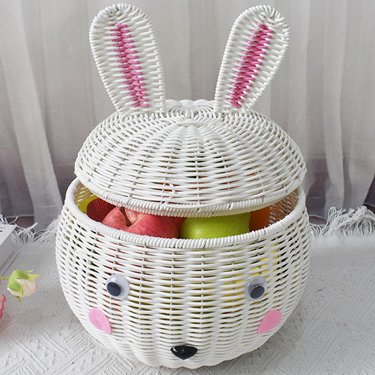 Uonlytech Cesta de Ratán para Guardar Frutas y Juguetes Forma de Conejo de Dibujos Animados Cesta de Almacenamiento Material Pp Resistente y Estable para Cocina y Hogar