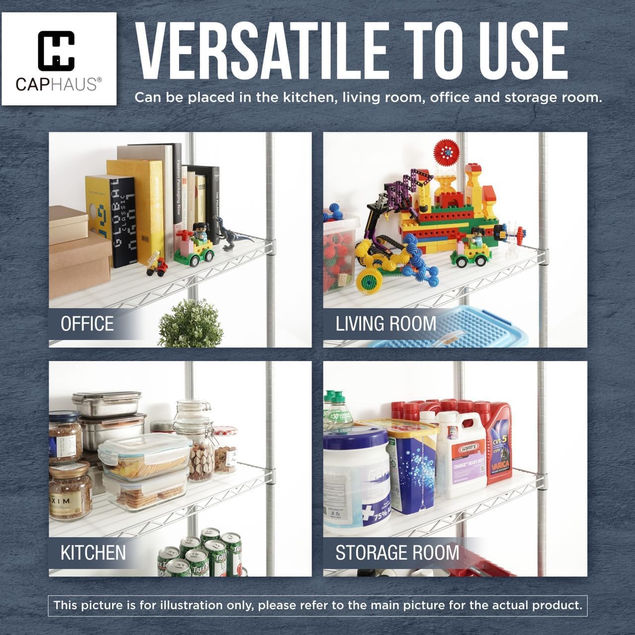 Four images showing the shelving unit used in different settings: office, living room, kitchen, and storage room.