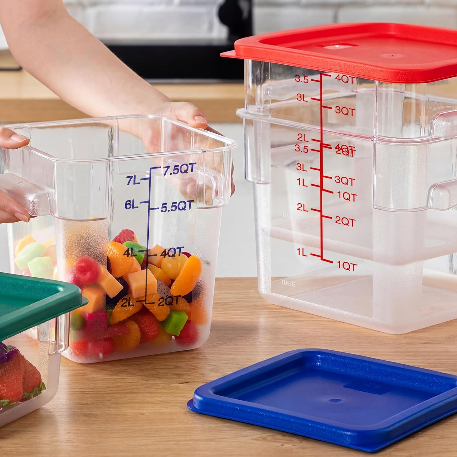 Lallisa 4 Pcs 8qt & 4qt Clear Food Storage Containers with Lids Handles and Scales, Stackable Plastic Square Food Storage Containers for Dough Proofing Baking Kitchen Restaurant(Red, Blue)