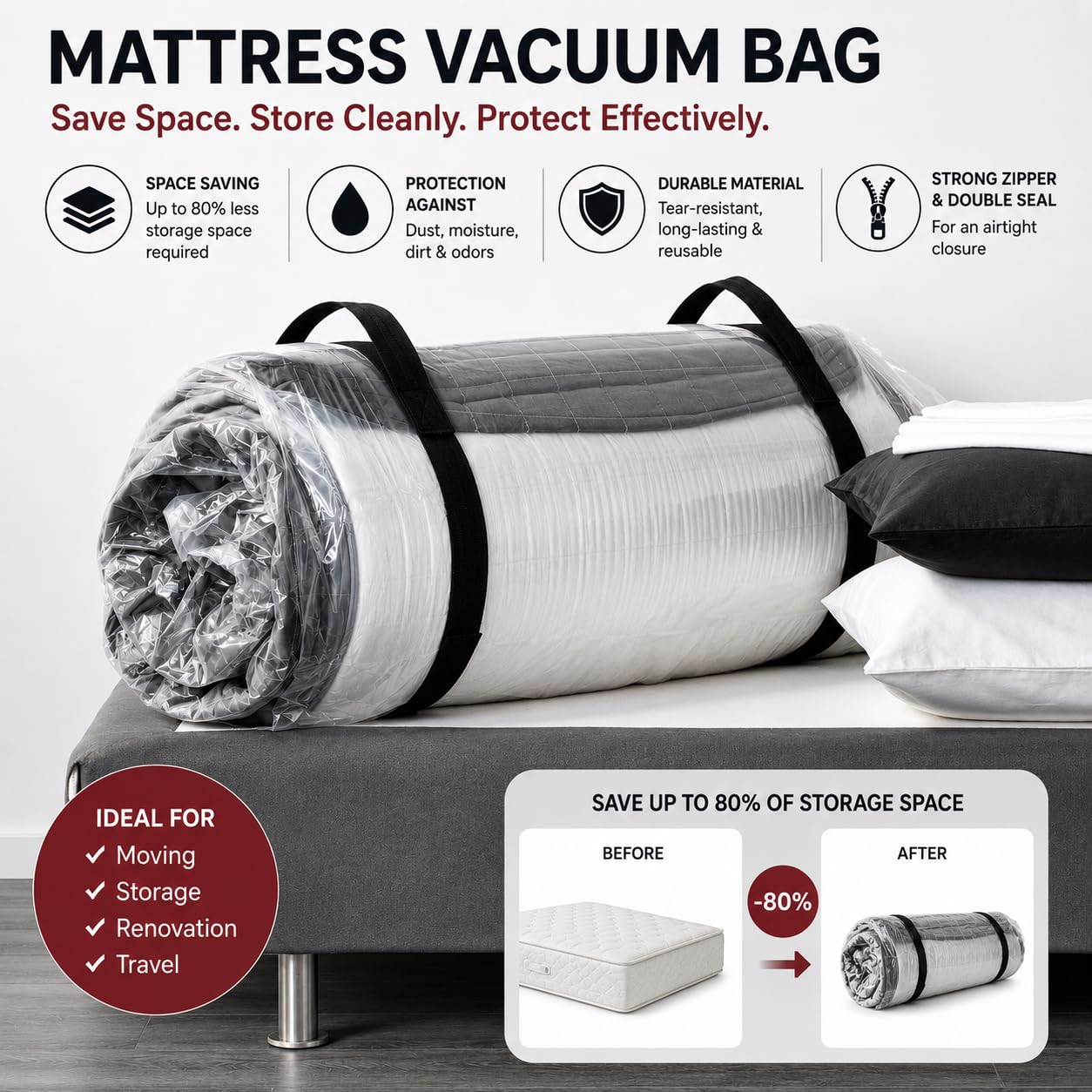 Sac de rangement sous vide 200 x 250 cm pour matelas double / king size, compression et rangement, déménagement, retour de matelas, imperméable, scellable, réutilisable, peu encombrant