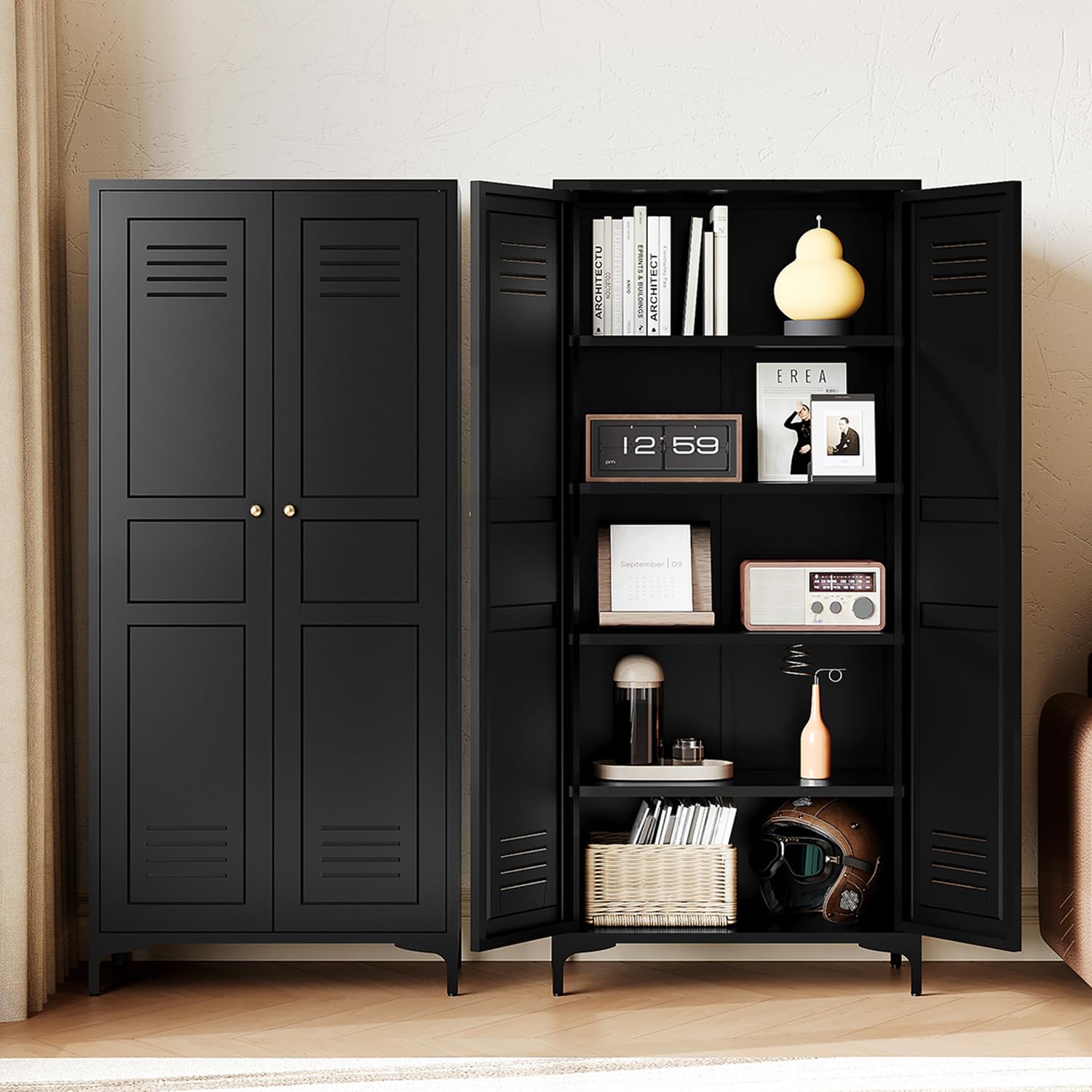 Letaya Black Storage Cabinet with Feets-Metal Home Kitchen Pantry Cabinets with Doors and Adjustable Shelves,Organization Locker for Cupboard/Bedroom/