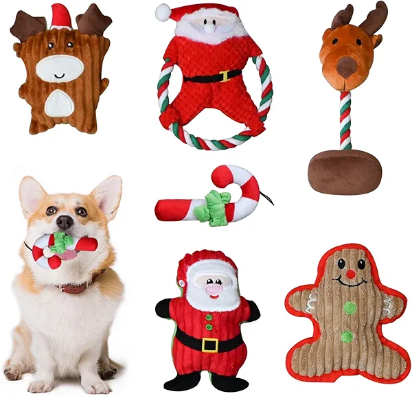 KINGROCK Christmas Plush Squeaky Toys for Large Dogs, 6 Pack for Aggressive Chewers, Cute Puppy Toys With Cotton