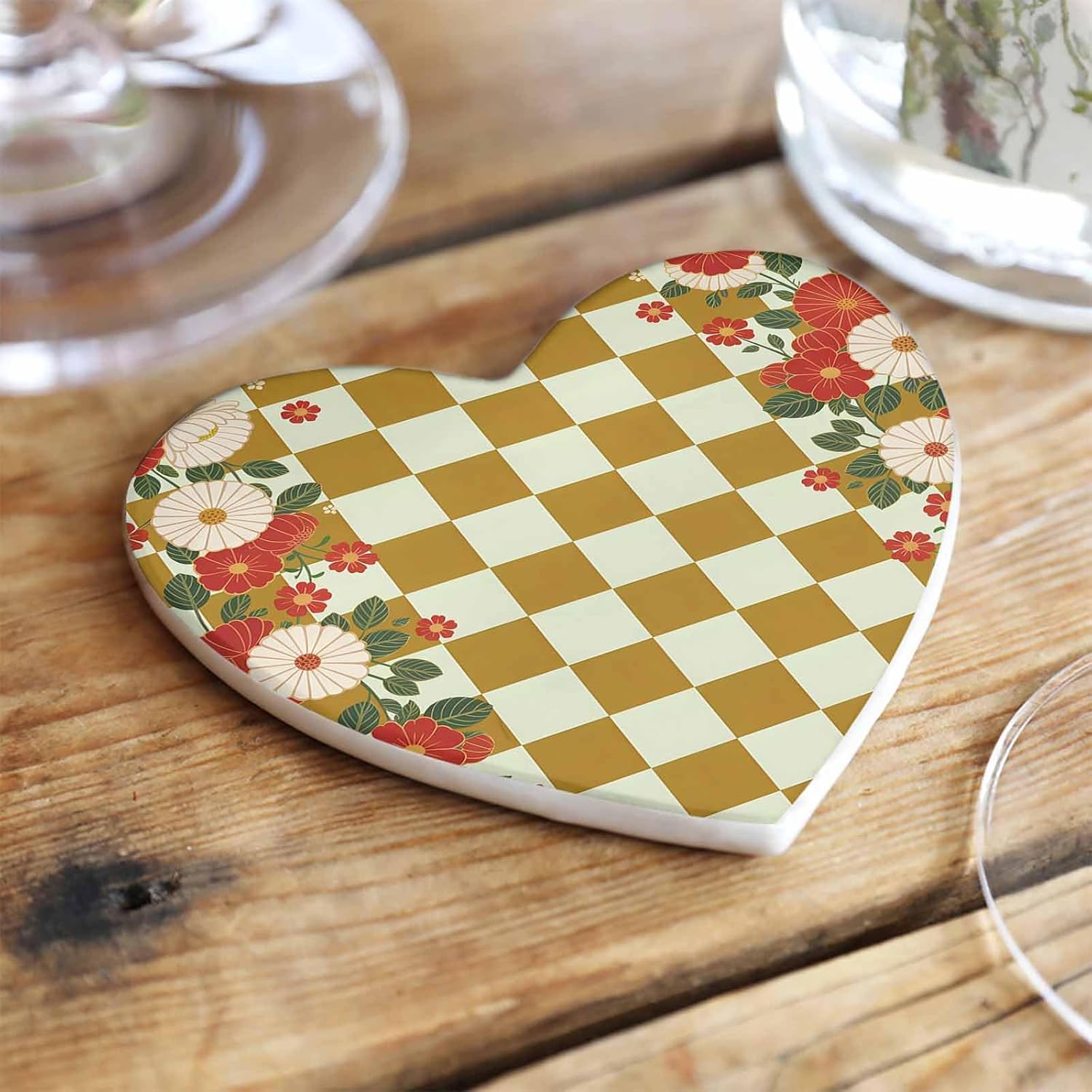 陶製コースター ハート形 和風 菊 花 チエック柄 茶色 吸水 8枚セット 直径11cm 速乾 杯垫 滑り止め 耐熱 防汚 家用 装