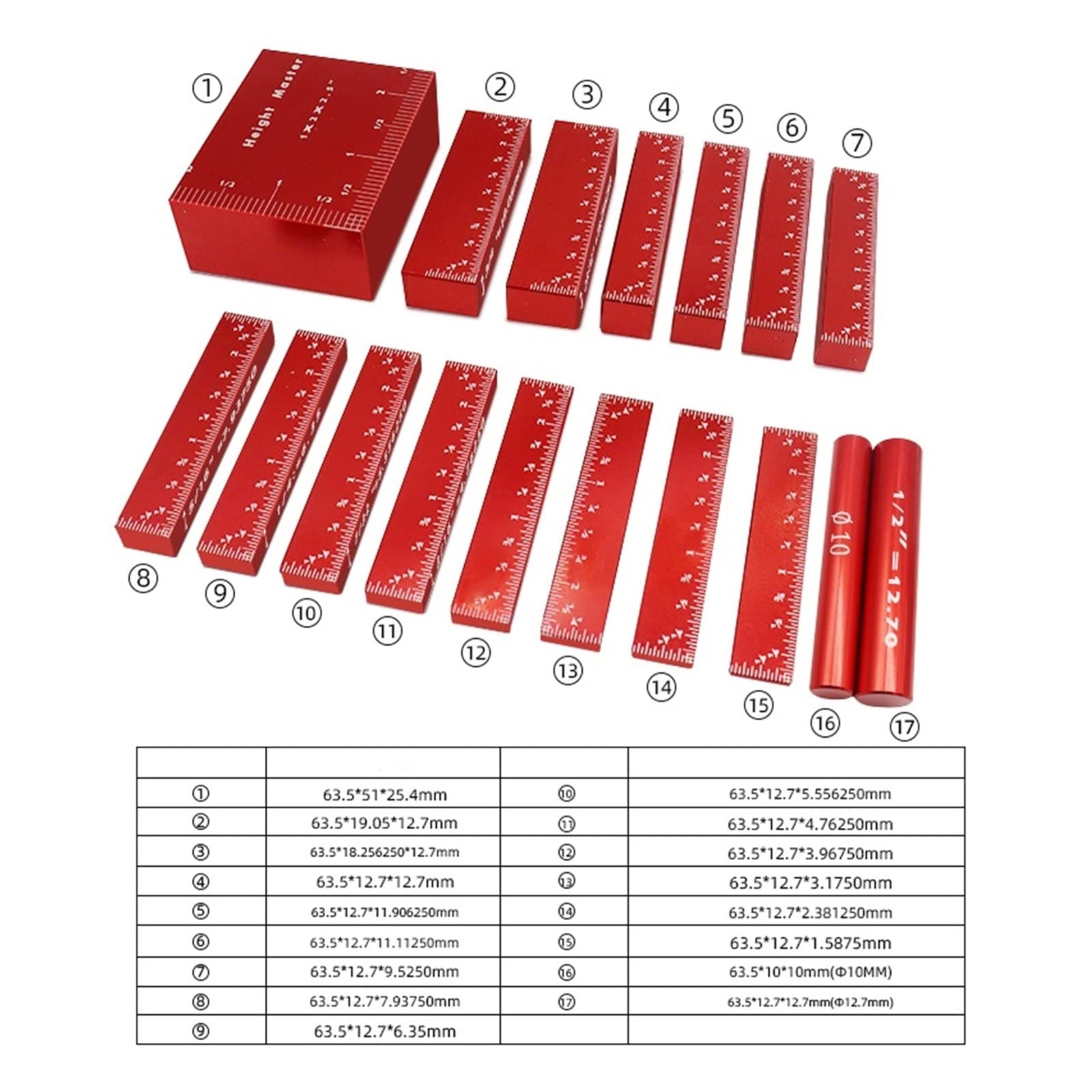 Bloki pomiarowe wysokości, 7 szt. Aluminiowych prętów konfiguracyjnych(Red)