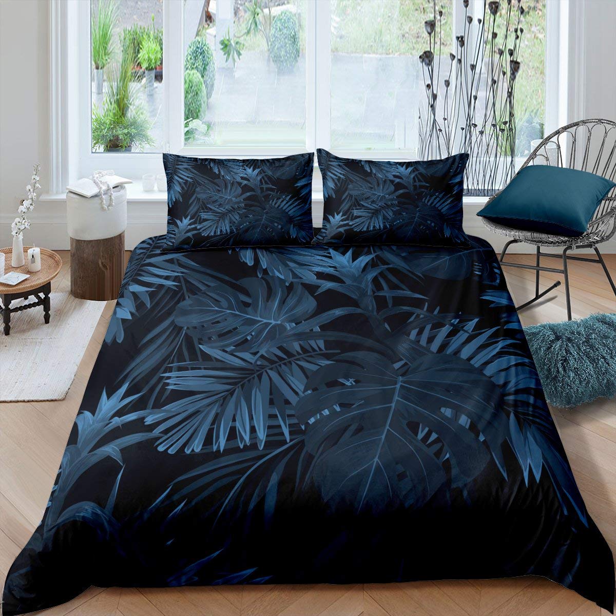 Housse de couette tropicales bleu linge de lit double 3 pièces plantes nature enfants