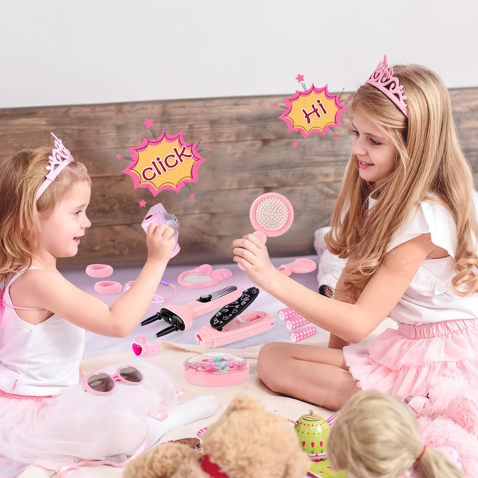deAO Maquillaje para Niñas,Juego de Belleza Estilismo y Moda Conjunto de Accesorios Fashion Bolso de Mano Incluye Maquillaje Artificial Teléfono y Cámara de Juguete