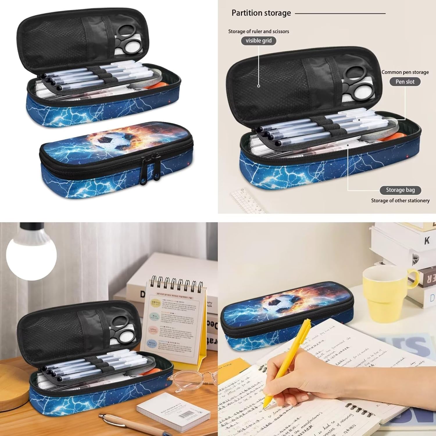 Kids' 17 In Backpacks Set 3 in 1 Sports Daypack Lightning Soccer Print Student Bookbags with Insulated Lunch Tote Bag Pencil Case for Girl Boy 3 Pcs