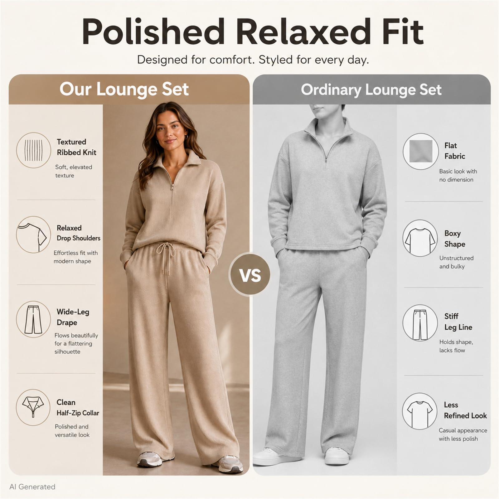 2-teiliges Lounge-Set für Damen, halber Reißverschluss und Hose mit weitem