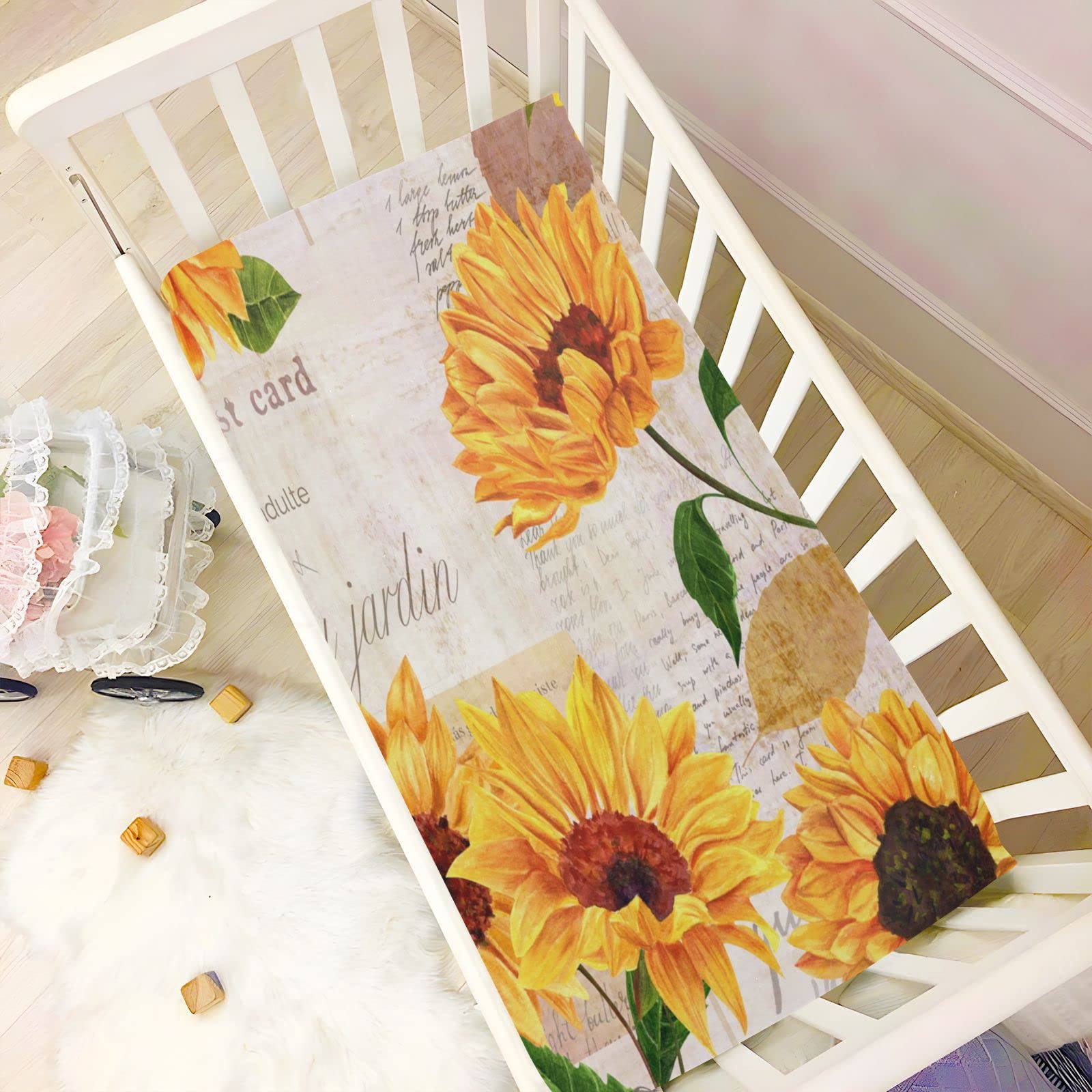Spannbettlaken für Kinderbett, Vintage-Stil, Sonnenblume, weich, atmungsaktiv, pflegeleicht