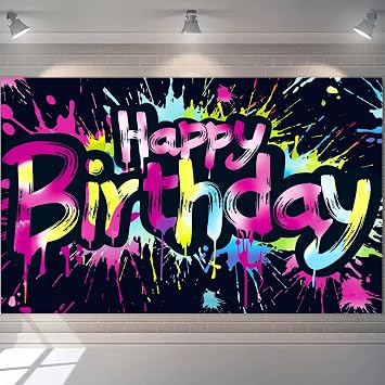 Neon Happy Birthday Banner Backdrop Sign -71X43in Neon Party Decorations Glow in The Dark Photography Background Colorful Graffiti Splash Paint Kids Party