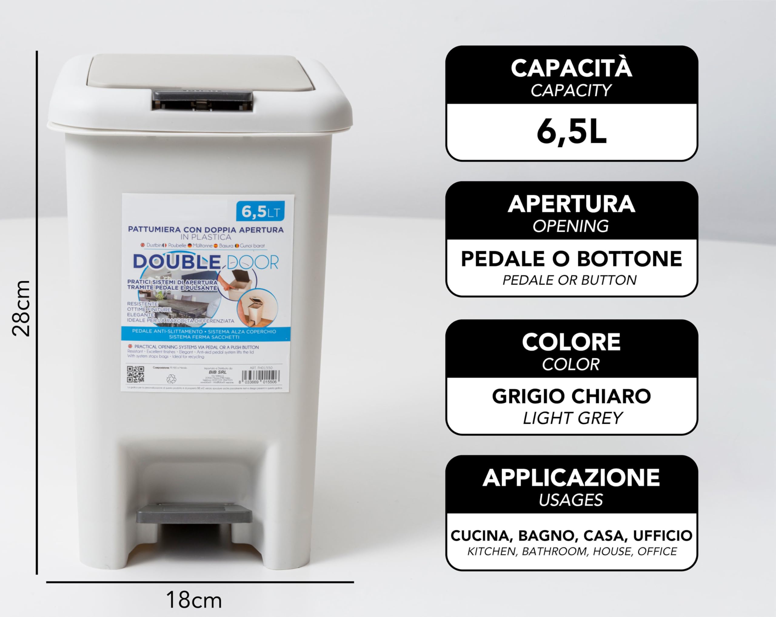 IPEA Cestino della Spazzatura in Plastica Piccolo - 6,5 Litri - Con Innovativa Doppia Apertura Pedale e Pulsante - Design Minimal ed Elegante - Pattumiera Rifiuti Casa, Cucina, Bagno - Grigio Chiaro