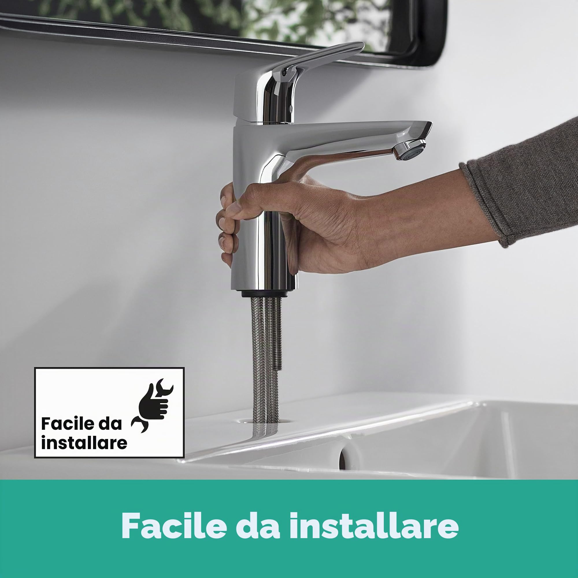 hansgrohe Focus - Rubinetto per lavabo con scarico a tirante, Miscelatore lavabo risparmio idrico (EcoSmart) con altezza bocca 94 mm, cromo, 31607000