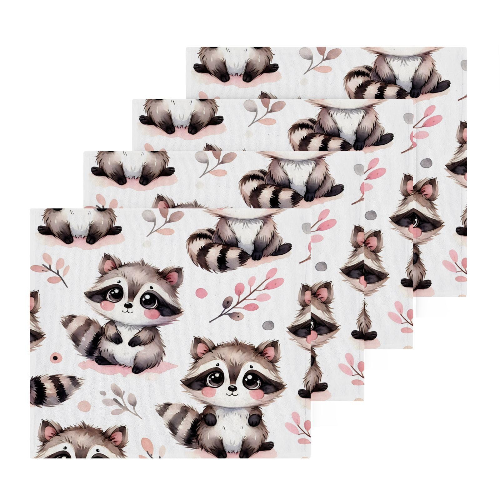 YANENDIE Kawaii Raccoon Pattern Washcloths Towels, Highly Absorbent and Soft Cotton Face Cloths, 4 Pack Quick Dry Wash Cloths - 12 X 12 Inches