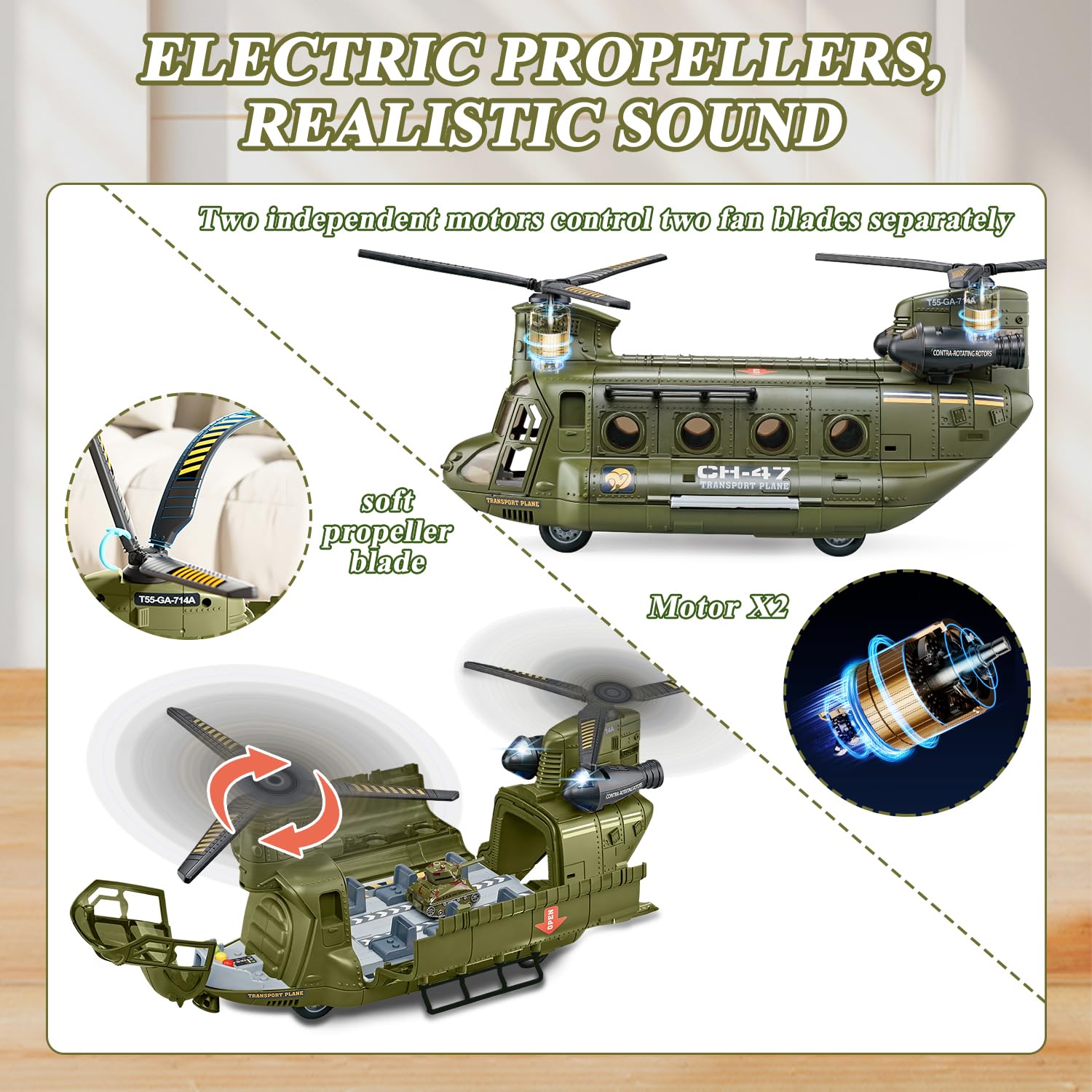 Juego de juguetes de helicóptero militar con luz, juguete de helicóptero de transporte alimentado por fricción con tanques del ejército, aviones, mini autos, juguetes militares, juego militar 5