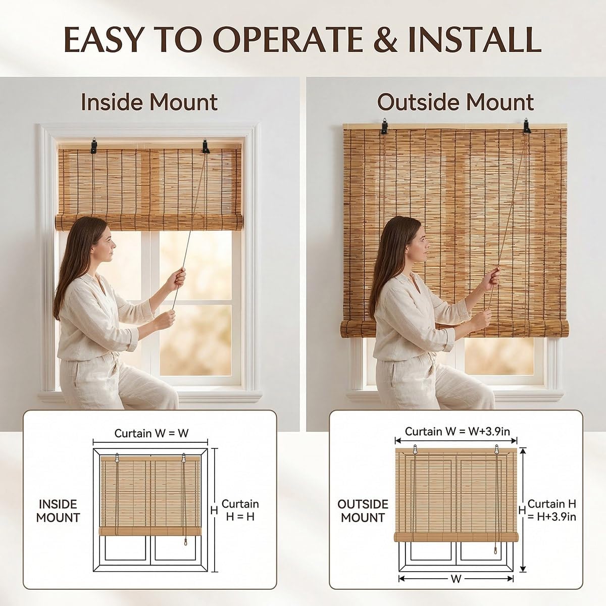 Bamboo Roller Shades for Outdoor Patio, Porch, Pergola, Balcony, Bamboo Blinds, UV Protection, Light Filtering Bamboo Blinds for Interior Windows, Bamboo Roman Shades for Windows