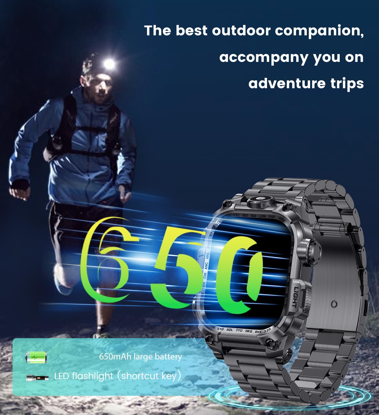 Montre Connectée Homme(2 Bretelles), 2.01'' HD Smartwatch Militaire avec Appels Bluetooth Torche LED 650mAh 150+ Mode Sportifs Surveiller Cardio Podometre Sommei, Fitness Tracker pour iOS Android-Noir