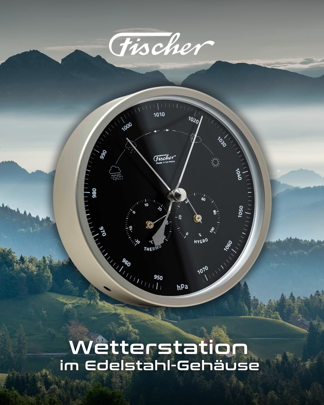 Fischer 1602-01.06 Außen-Wetterstation, Glas, Edelstahl, Polymeter | Thermometer, Barometer, Hygrometer, schwarzes Ziffernblatt, Messbereich 20-100 % r. F., 160mm Durchmesser, Made in Germany