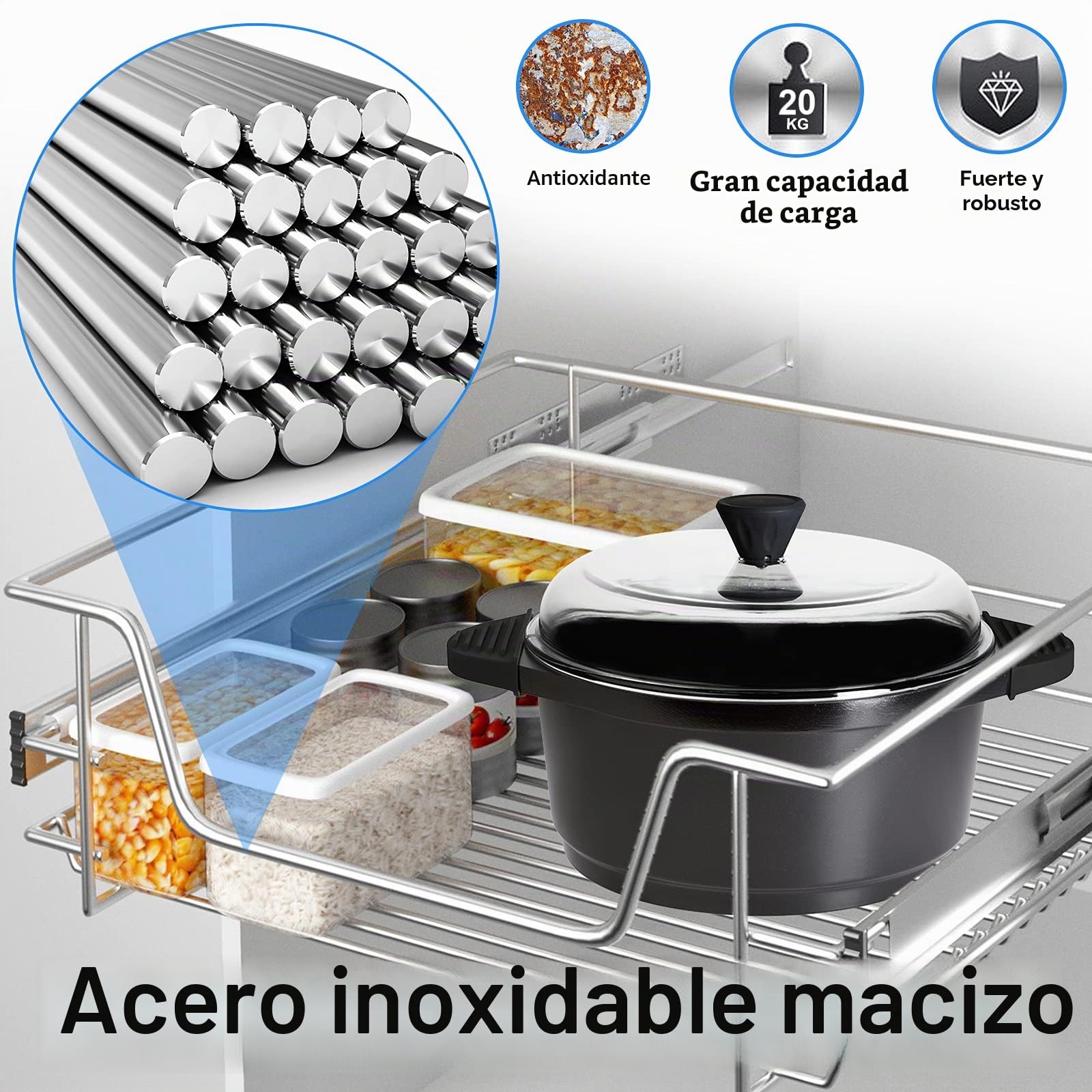 Aufun 4 cajones de cocina de 50 cm, cajón telescópico, extracción total, armario de cocina, armario extraíble, cesta extraíble extraíble, estantería de cocina para el hogar.
