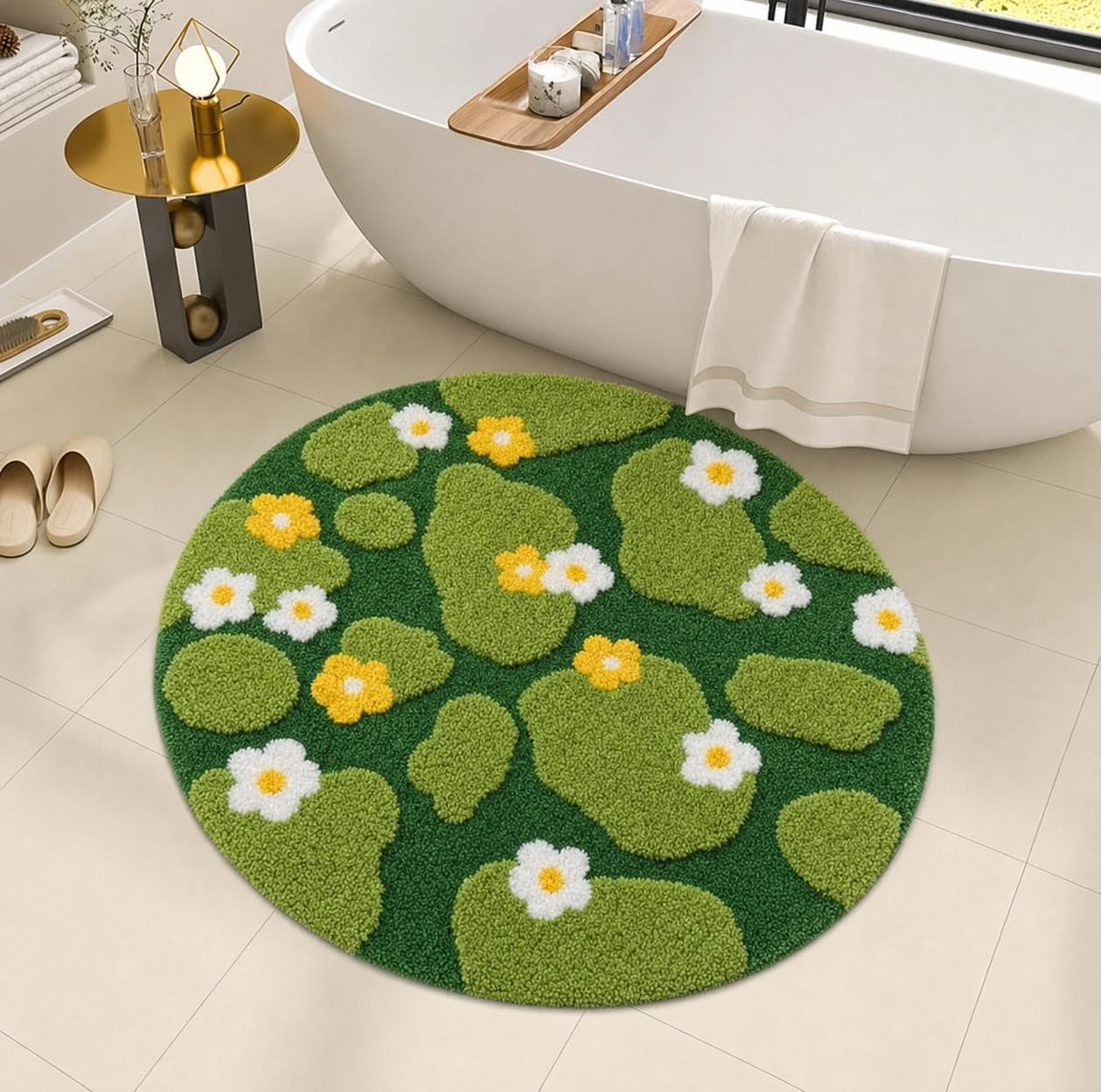 Tappetino da Bagno Verde a Fiori e Muschio, Tappeto da Bagno in Microfibra Spessa 3D Tufted Morbido e Soffice, Antiscivolo Lavabile Assorbente 60x60 cm