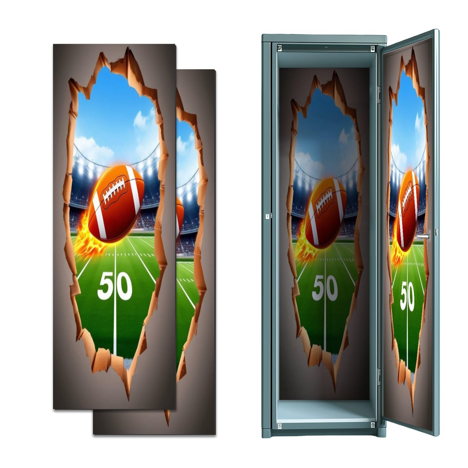 2 Pcs Locker Magnetic Wallpaper 3D Rugby Football Break Wall Sport Boys Field Tear Flames 12" x 36" Wall Magnetic Sticker Removable Locker Accessories Decor Easy Install for Office School