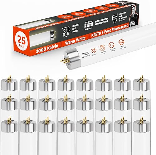 GoodBulb Bombilla fluorescente T8 de 25 W, 36 pulgadas, 3000 K, luz blanca cálida, base bi-pin media, 2225 lúmenes, 86 CRI, 36000 horas de vida,