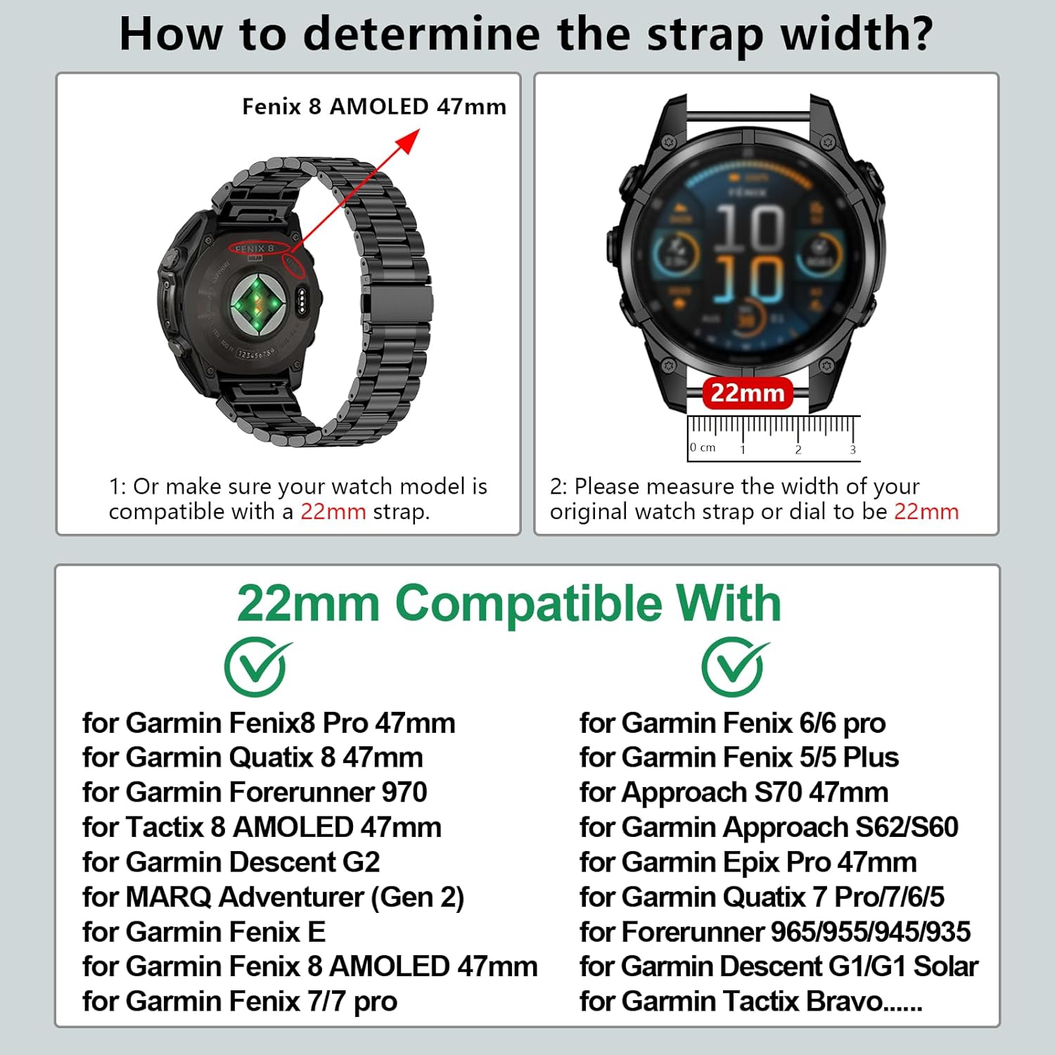 22mm Stainless Steel Metal Band Compatible with Garmin Fenix 8 Pro tactix 8 47mm/E/7/6/pro/5/Plus,Quick-fit Watch Strap for quatix 8 47mm 7/Pro/6/Forerunner 970/965/955/Descent G2 G1 Solar - Image 2