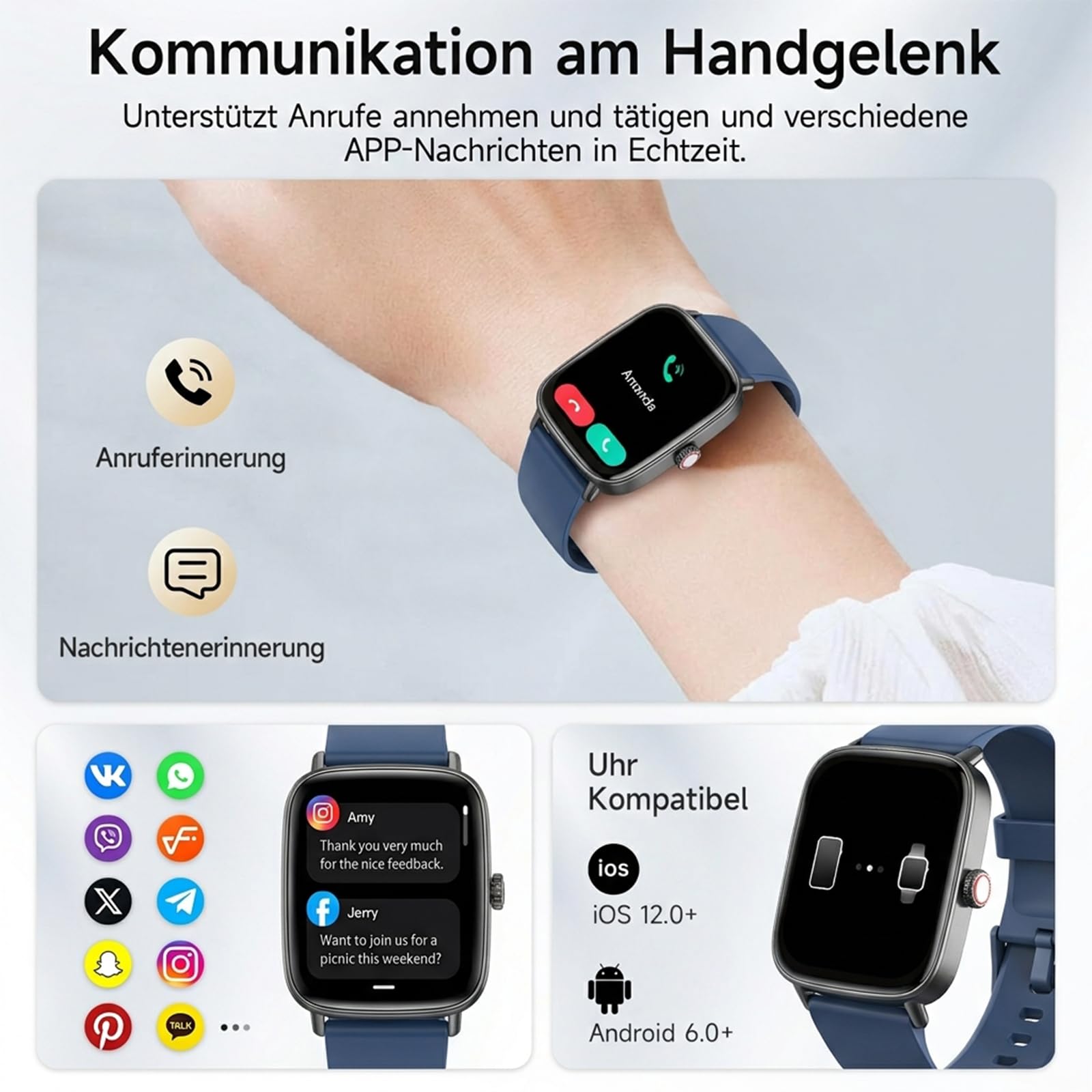 Montre Connectée Homme Femme,1.85" Smartwatch Femme avec Appel Bluetooth,Montre Intelligente pour iOS/Samsung/Android,120+ Modes Sport/Fréquence Cardiaque/Sommeil/SpO2,étanche IP68 Fitness Podomètre