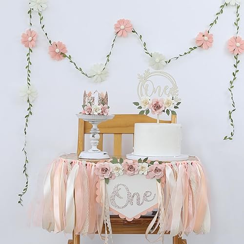 Vista 104 de Juego de decoración de primera fiesta con diseño de margaritas bohemias para silla de bebé, decoración de primera fiesta con adorno de pastel hecho