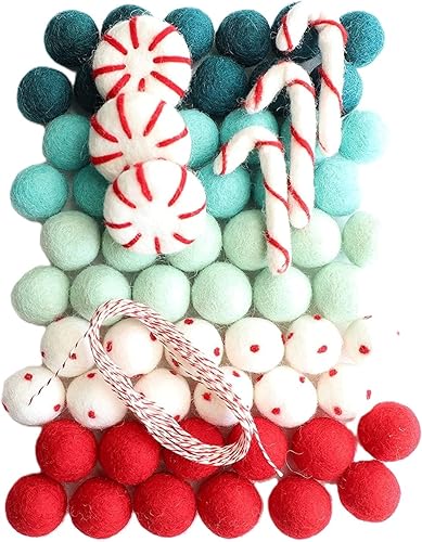 Mini Felt Factory Felt Ball DIY Christmas Garland Wool 1 inch Poms Ornament Set Red Bright Seasonal Winter Home Mantel Decor White Craft Project