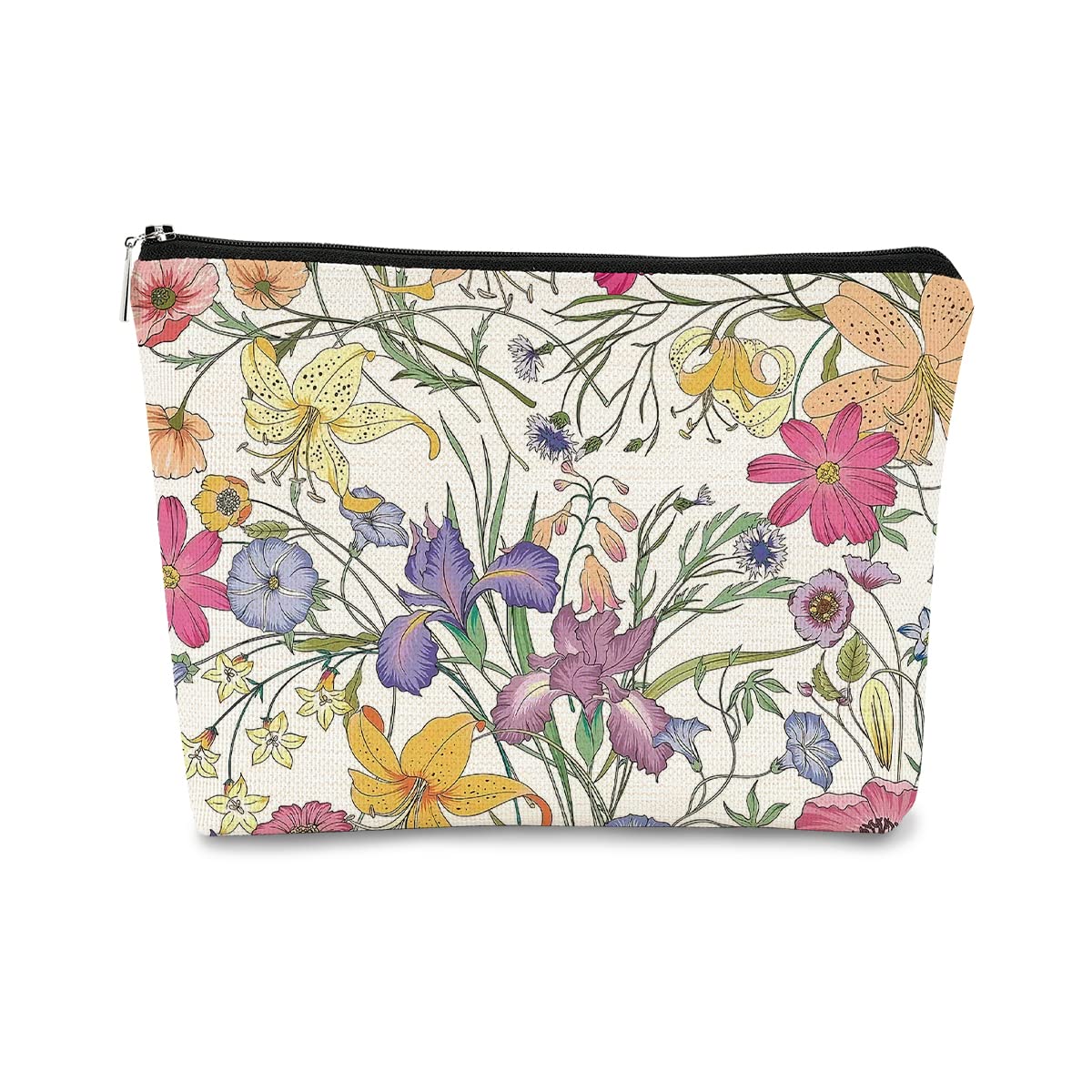 Vintage Cottagecore Watercolor Summer Wildflowers Makeup Bag,Colorful Floral Cosmetic Bag Best Gift Idea for Flower Lover Girls Women Mom,Zipper