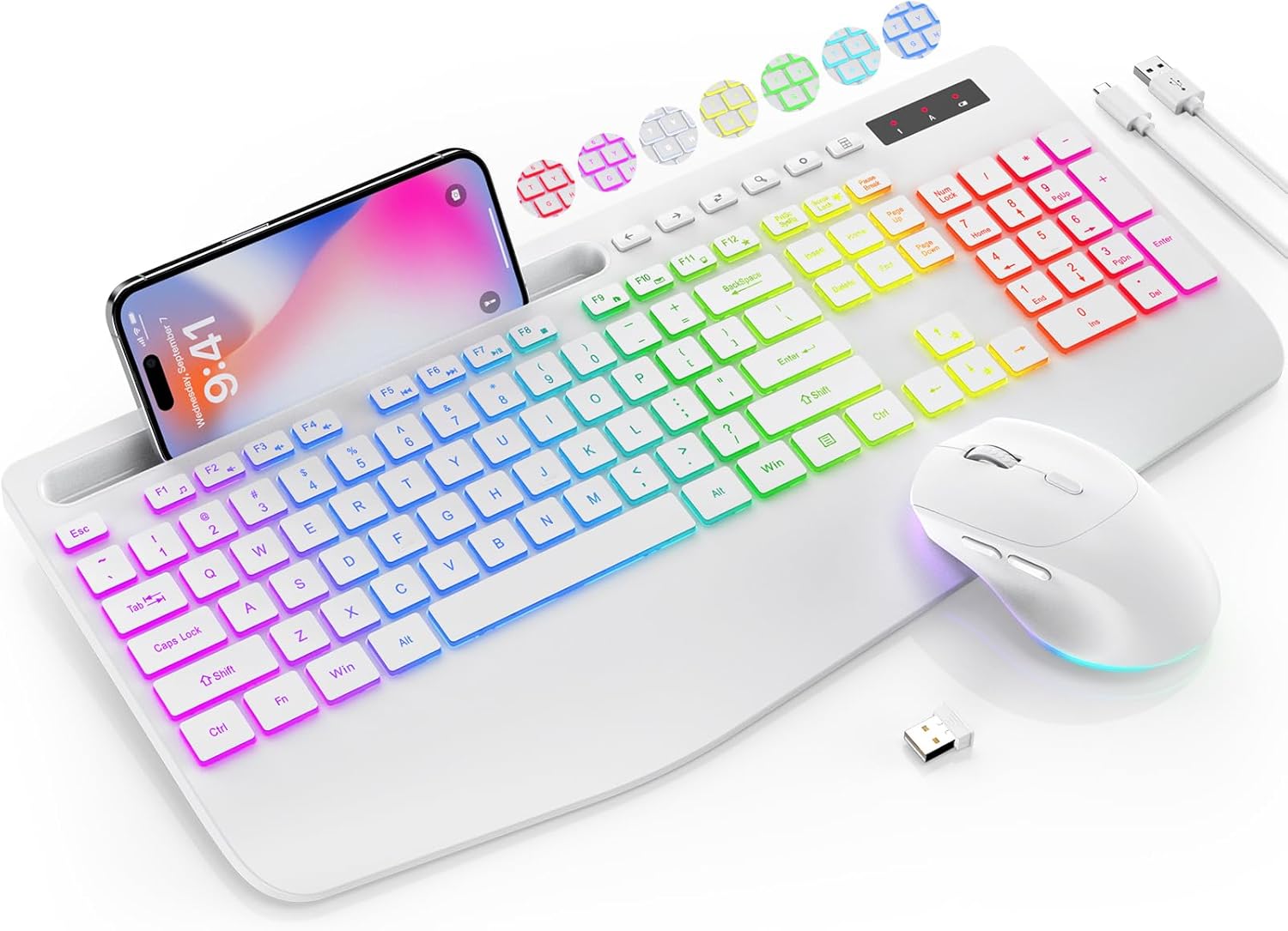 Tastiera e mouse wireless combinate, 9 effetti retroilluminati, poggiapolsi, supporto per telefono, tastiere ergonomiche senza lag 2.4G, set cordless silenzioso ricaricabile per computer, laptop, Mac, Windows -Sablute (bianco)