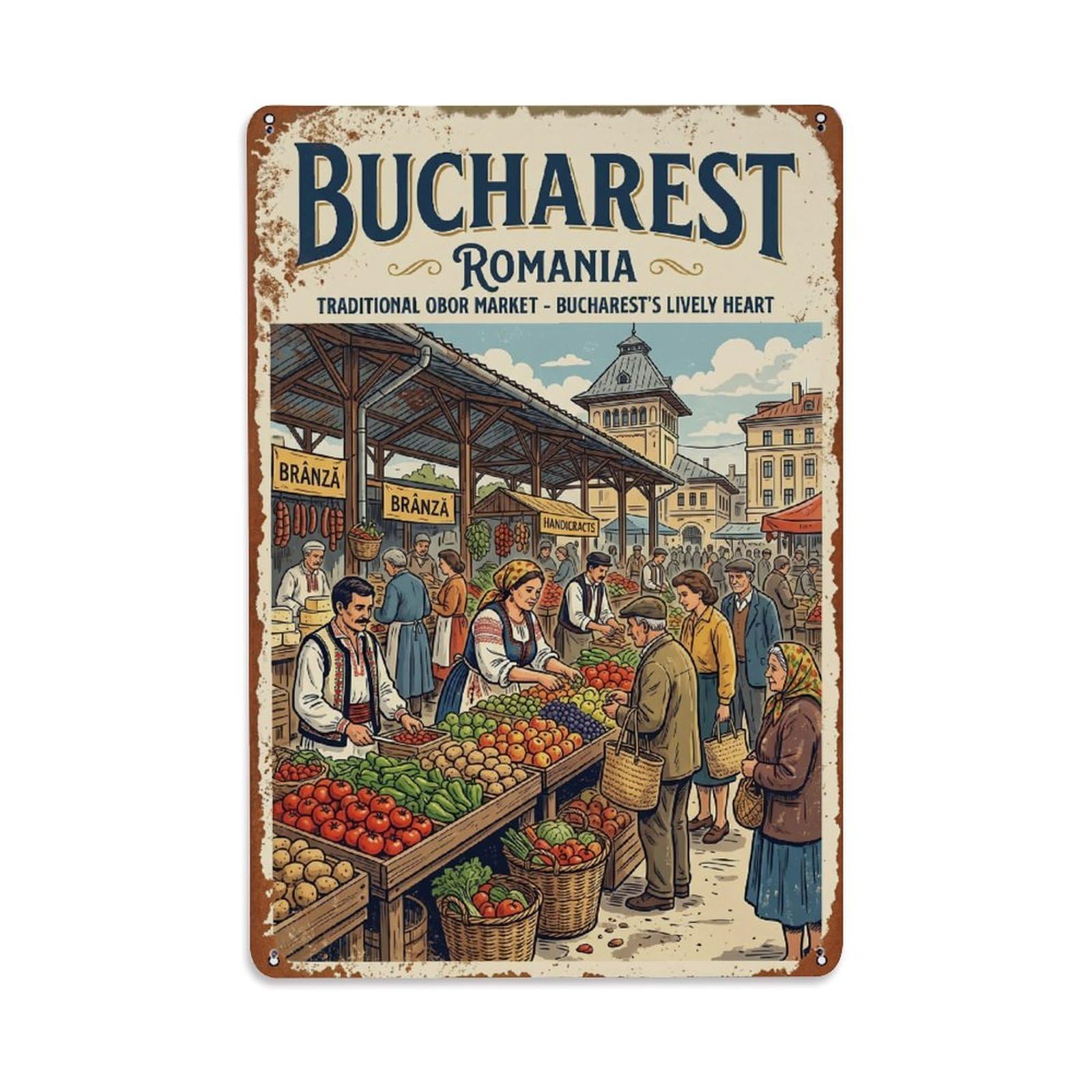 Vintage Travel Bucharest Obor Market Traditional Romania Metal Tin Sign Plaque Wall Decor for Cafe, Club Bar, Office, Home Garden Metal Poster 8x12Inch