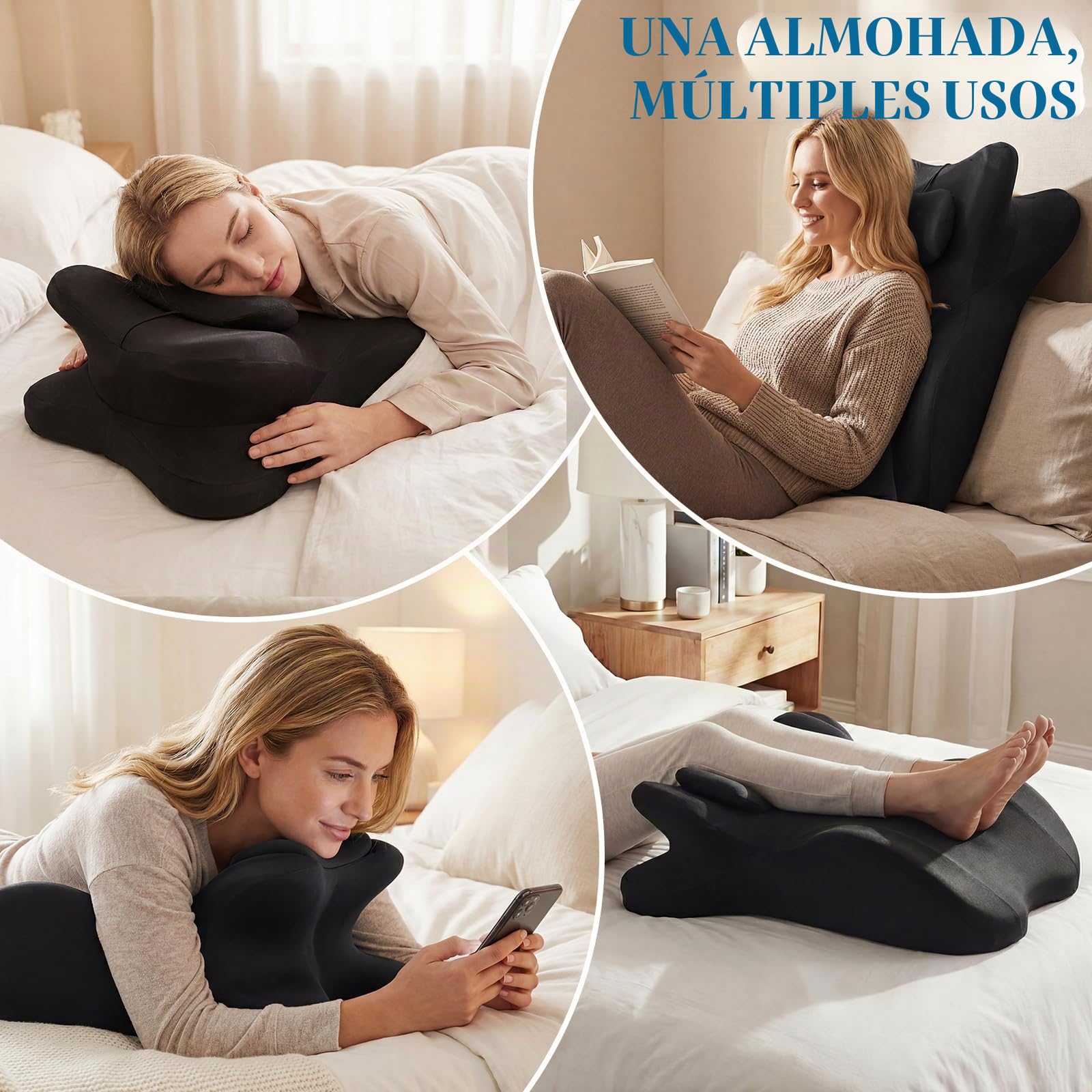Almohada de Cuña 27° de Espuma Viscoelástica con Reposacabezas Extraíble, Cojín de Lectura para Cama y Sofá, Soporte Ergonómico para Espalda, Cuello y Piernas, Funda Lavable Antideslizante, 59 x 39 cm