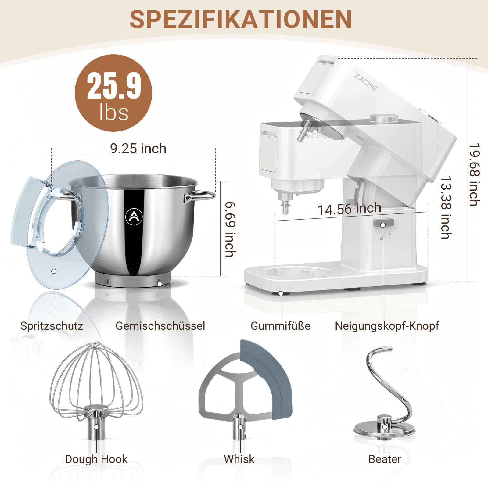 ZACME Robot kuchenny 1200 W | miska ze stali nierdzewnej 5,2 l | cichy silnik DC | 11-stopniowa przekładnia | w zestawie 3 narzędzia do mieszania (hak do zagniatania, trzepaczka, trzepaczka) | obudowa