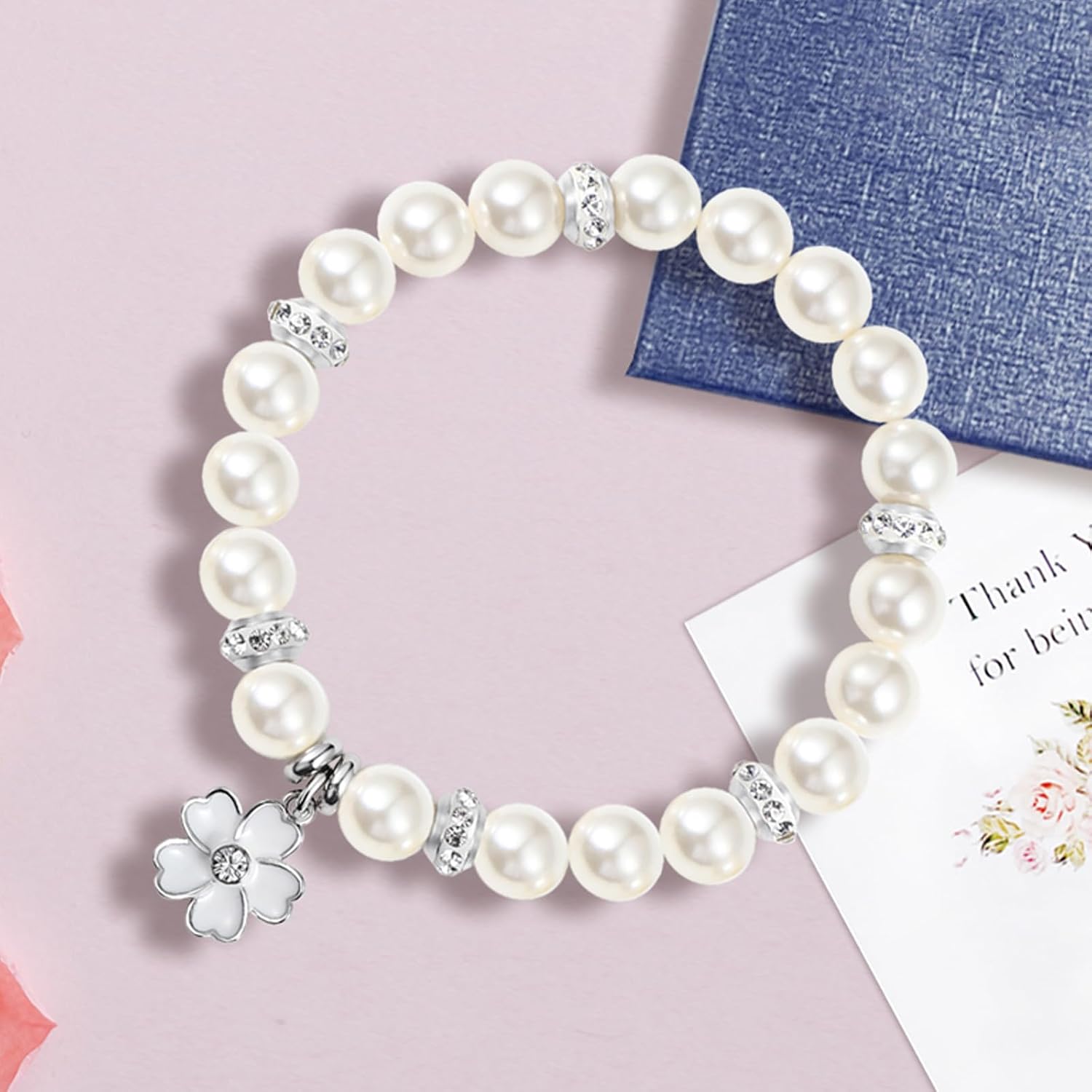 Bracelet Proposal Flower Girl Wedding,Teacher Thanksgiving Gifts,Flower Pendants and Pearl Bracelets for Wife Mother Daughter Packaged in Wedding Gift Boxes