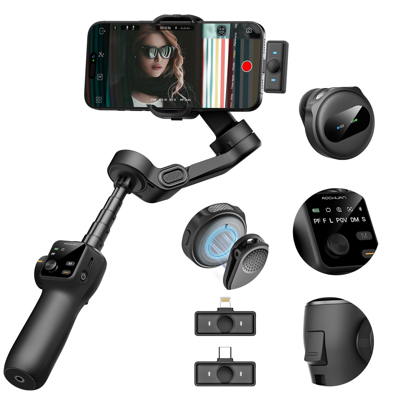Gimbal Stabilizer for iPhone & Android,3-Axis Phone Gimbal w/Wireless Lavalier Microphone,Built-in 7.8" Extension Pole,OLED Display,Phone Stabilizer for Video Recording TikTok(V8 Mic Kit)