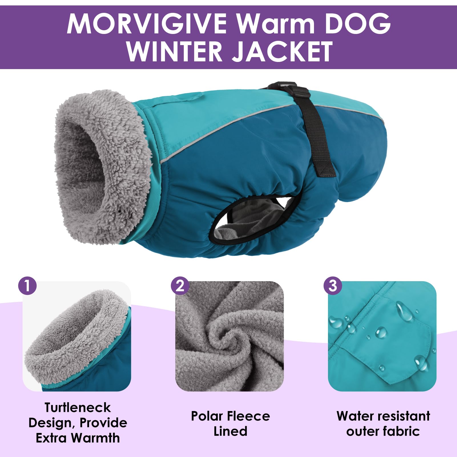 MORVIGIVE Warm Dog Coat, Turtleneck Padded Dog Winter Coat with Leash Hole Adjustable Reflective Dog Jacket, Waterproof Dog Snow Jacket for Cold Weather Dog Coats for Small Medium Large Dogs