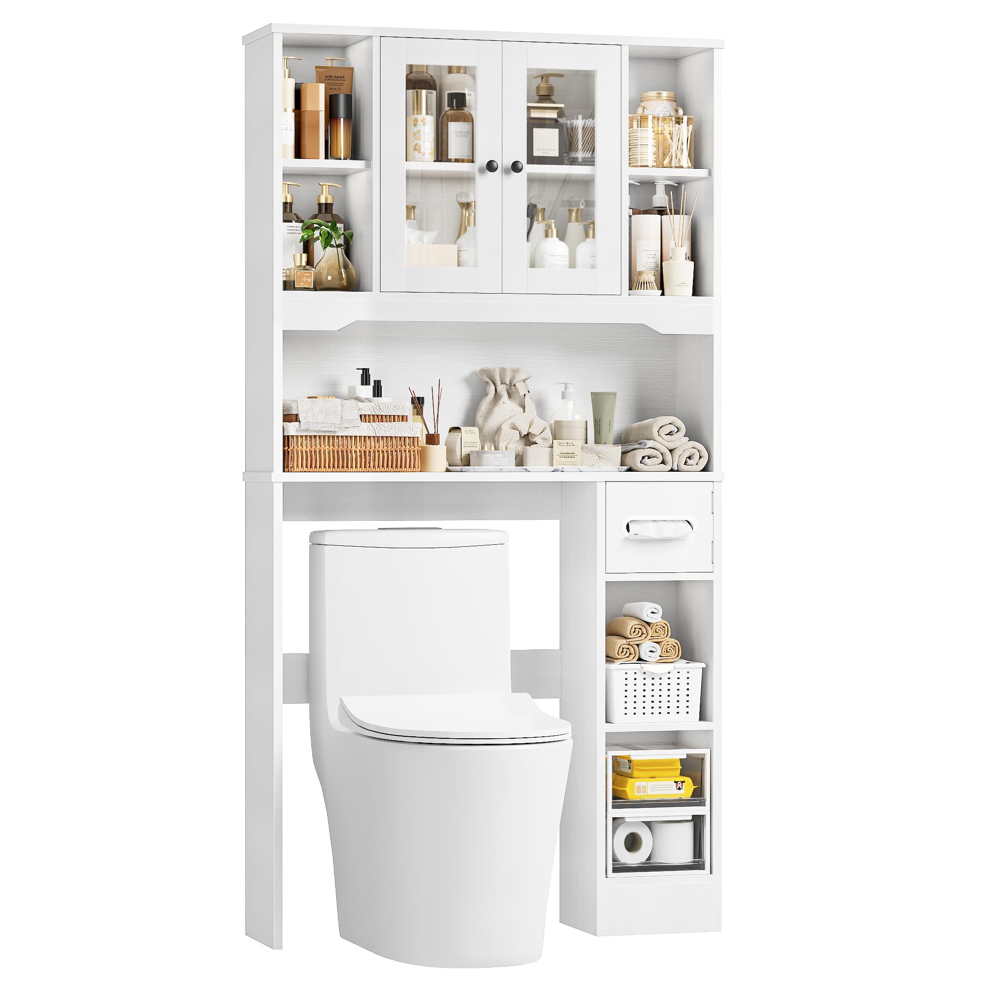 FOREHILL Mobile Lavatrice con 2 Ante, Mobile Sopra WC a 7 Scomparti Aperti e Porta Fazzoletti, Scaffale Sopra Lavatrice a Ripiani Regolabili, Mobiletto Asciugatrice, 89x20x173cm (Bianco)