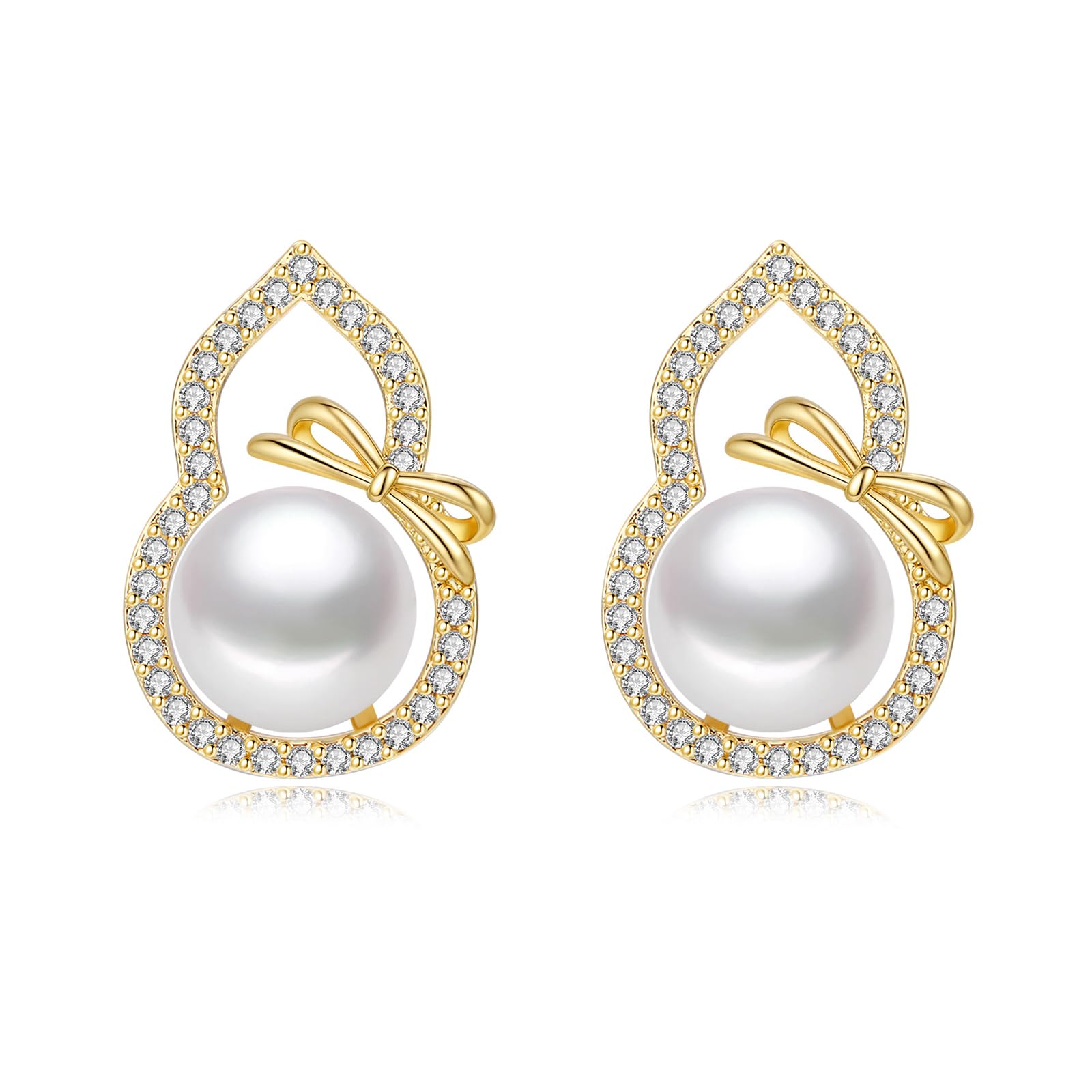 Stud Earrings Gold Plated 14K, Stud Earrings for Women Hypoallergenic, 4 Leaf Clover Pearl Earrings, Suitable Daily Wear and as Mother's Day, Birthday (Gift box Packaging)