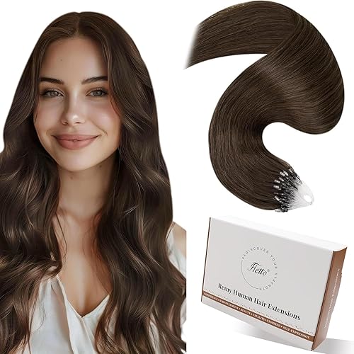 Hetto Extensiones de cabello humano con microcuentas, extensiones de cabello humano de microenlace, color marrón natural, extensiones de cabello