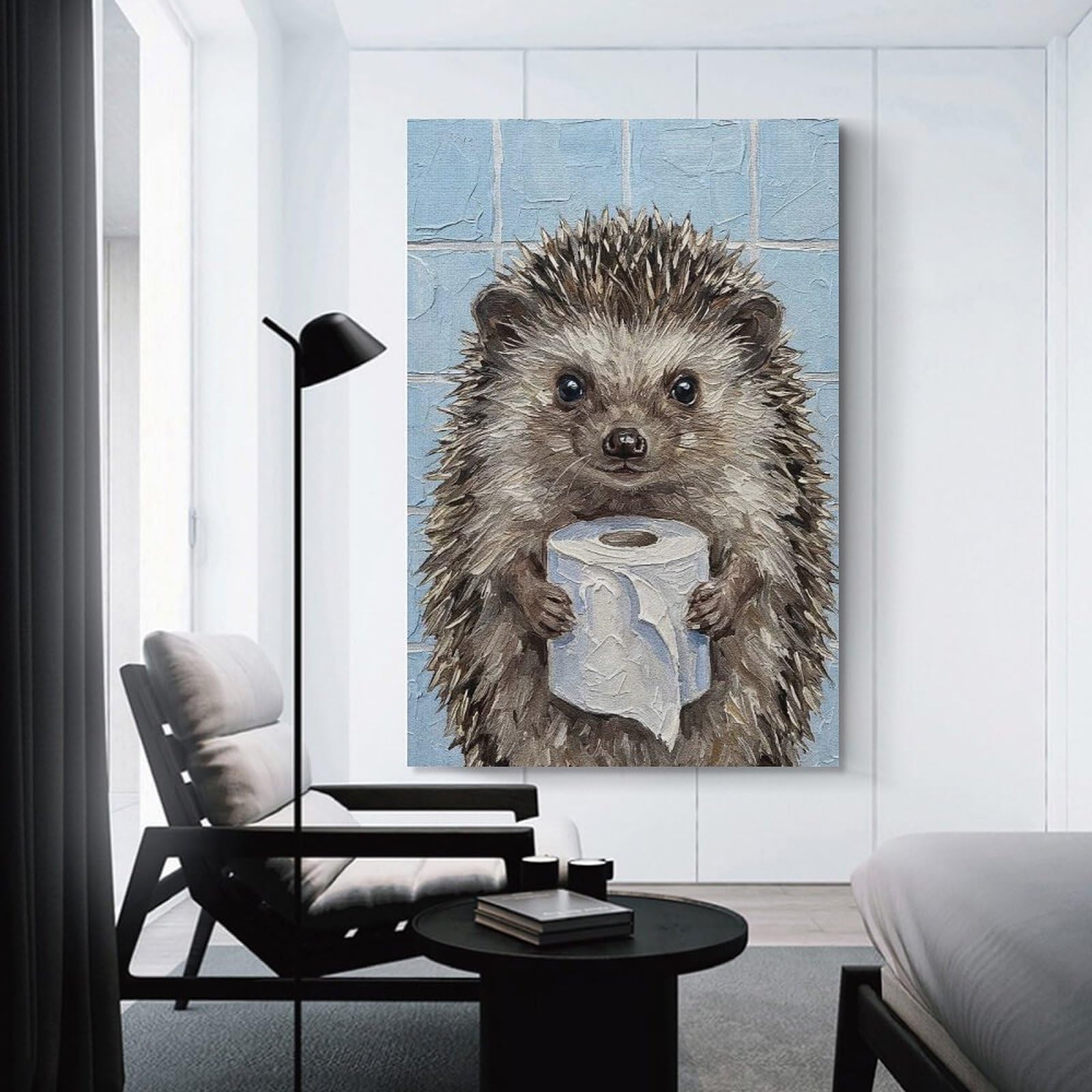 Junmoney Unframe-Style-10 Hedgehog Holding Toilet Paper Roll Painting Wall Art Print, 16X24inch(40X60cm), For Living Room, Bedroom, Office Or Hallway, A Flexible Wall Accent For Shared Spaces