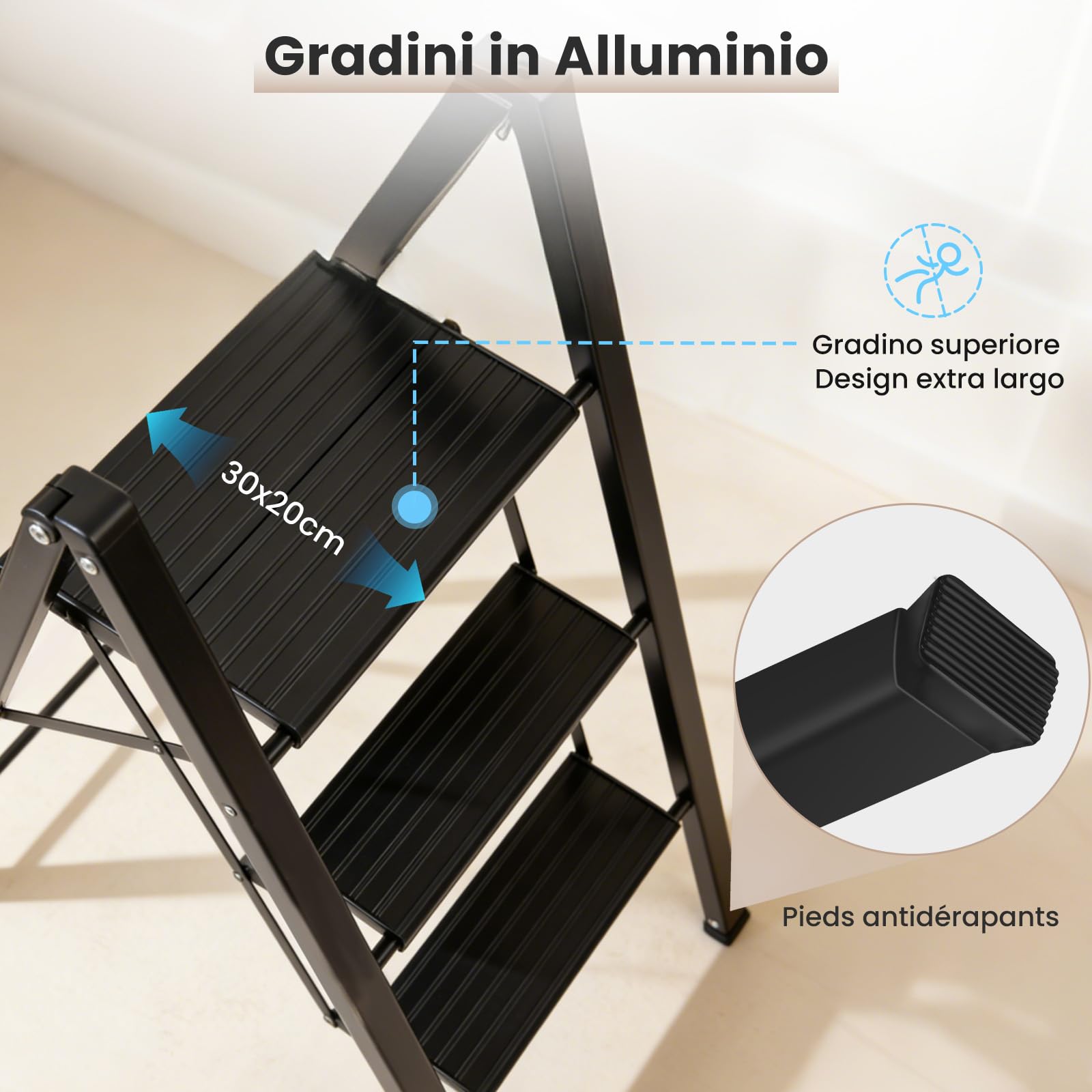 Sekey Scala in Alluminio Pieghevole 3 Gradini, Struttura in Acciaio con Gradini in Alluminio Antiscivoli, Leggera per Uso Domestico e Cucina, TÜV & SGS EN131 EN14183, Portata Massima 150 Kg, Nero